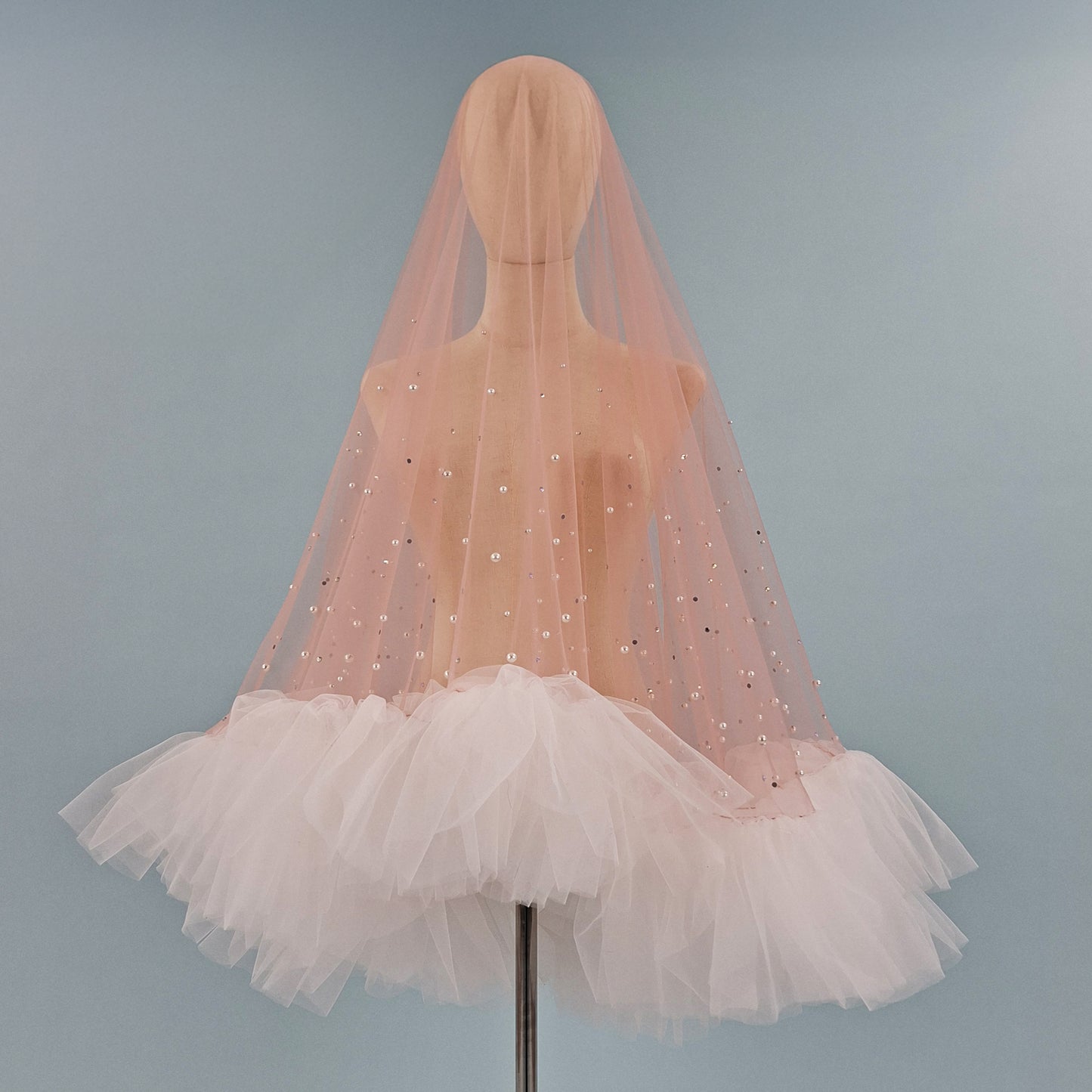 Blush Pink Ruffle Pearl and Rhinestone Veil