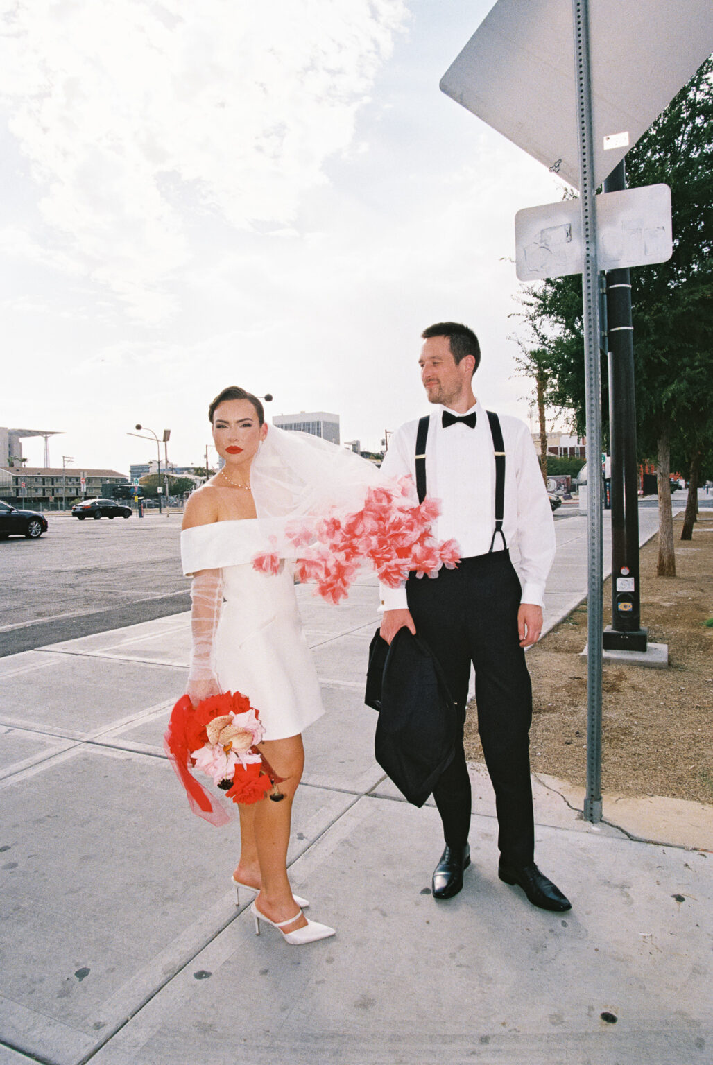 Ivory and Red Organza Fluff Flower Veil