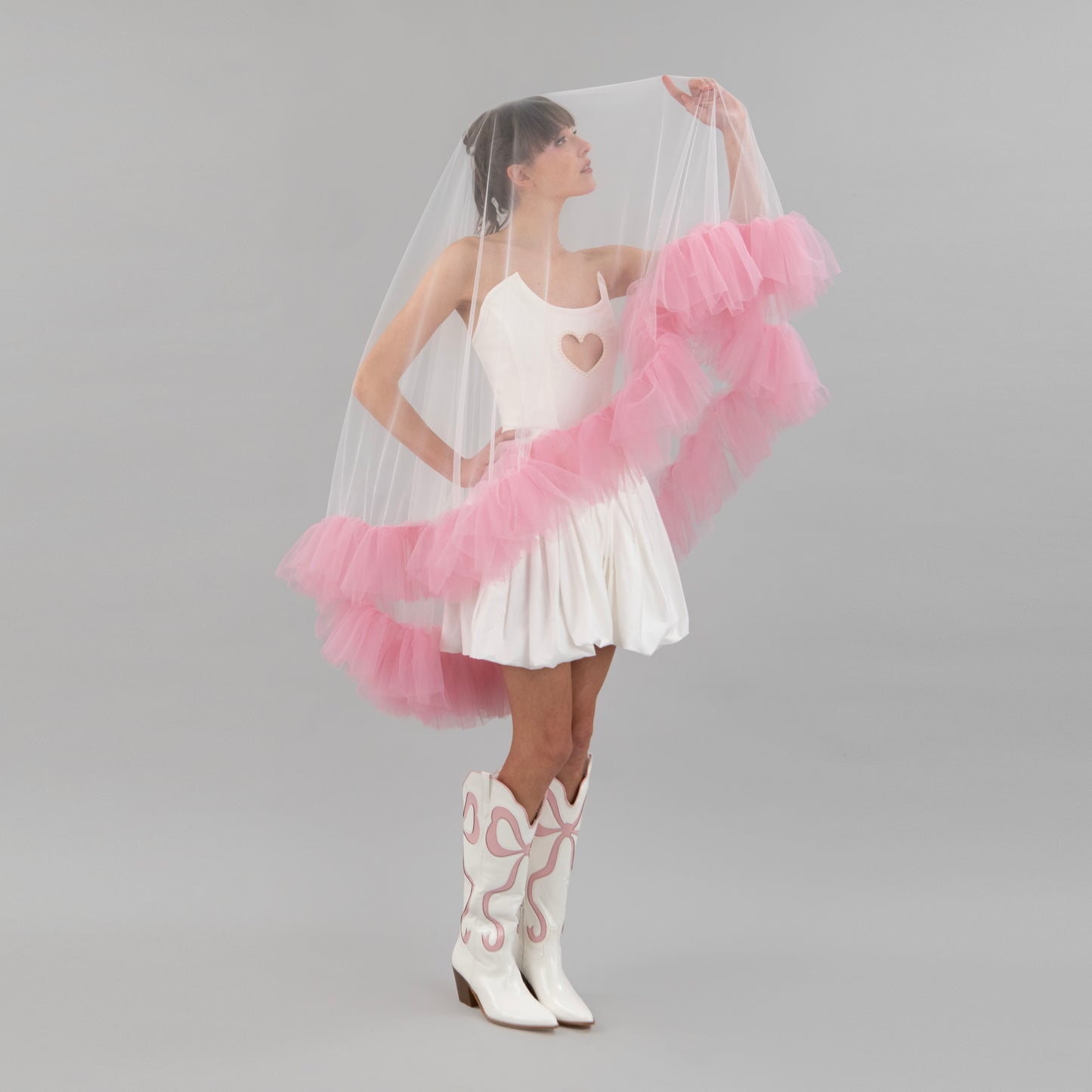 Ivory and Rose Pink Ruffle Veil