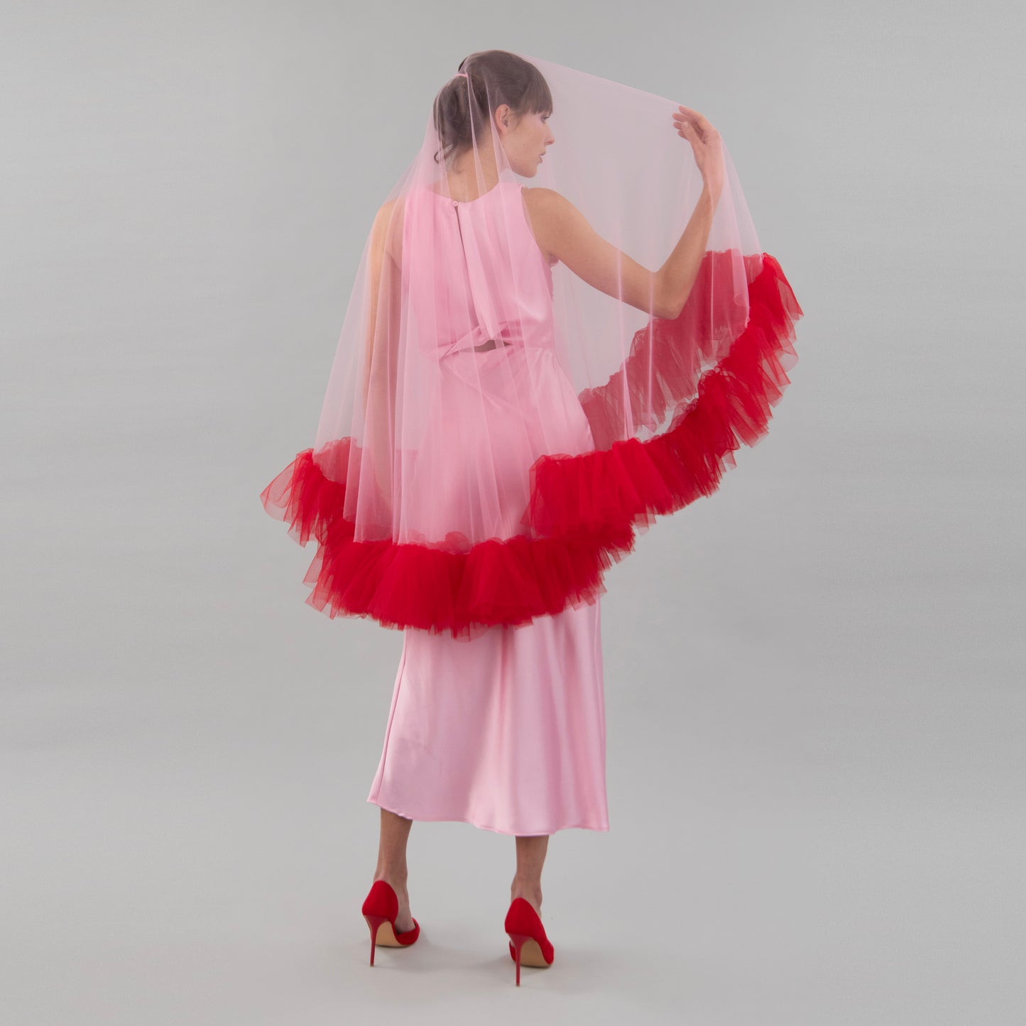 Rose Pink and Red Ruffle Veil