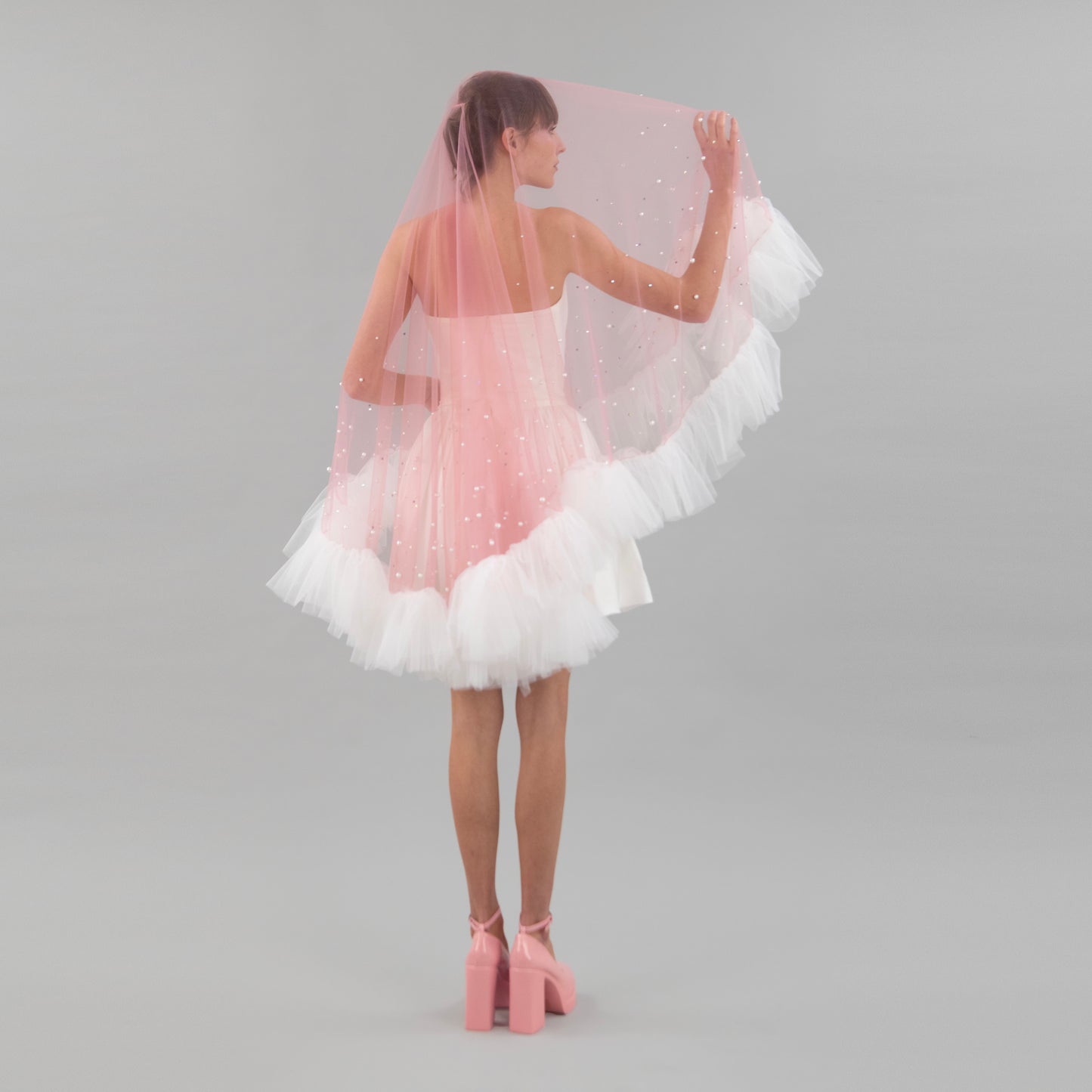 Dusty Pink Ruffle Pearl and Rhinestone Veil