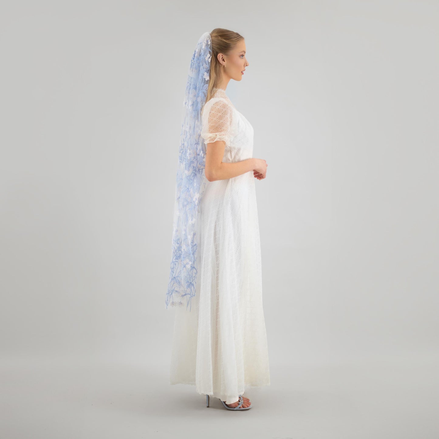 Ivory Blue Wildflower Lace Veil