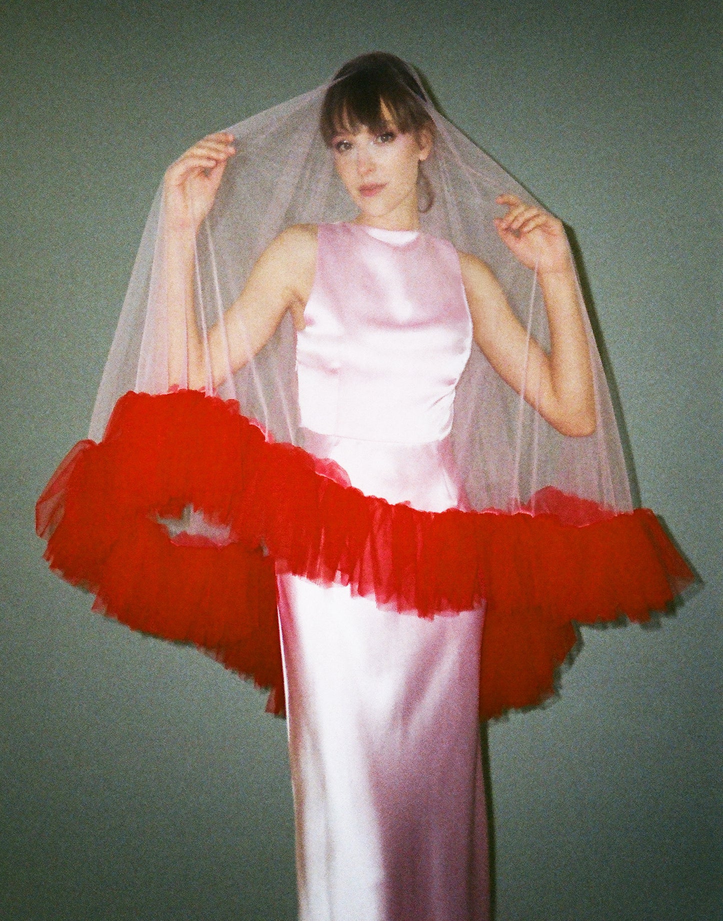 Rose Pink and Red Ruffle Veil