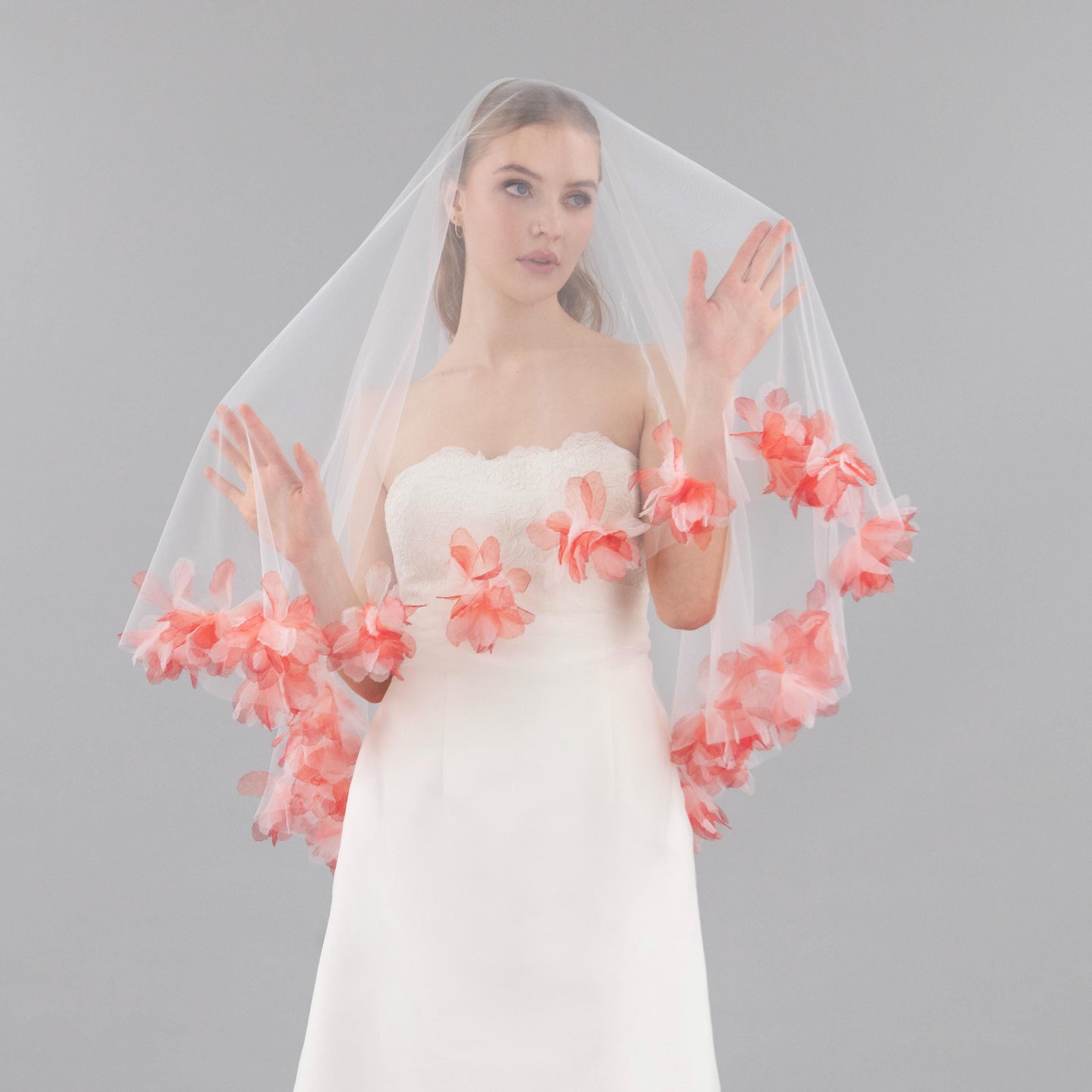 Ivory and Red Organza Fluff Flower Veil