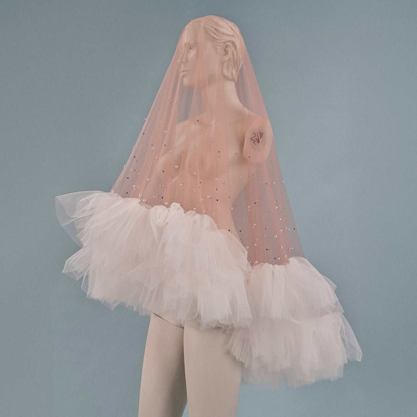 Blush Pink Ruffle Pearl and Rhinestone Veil