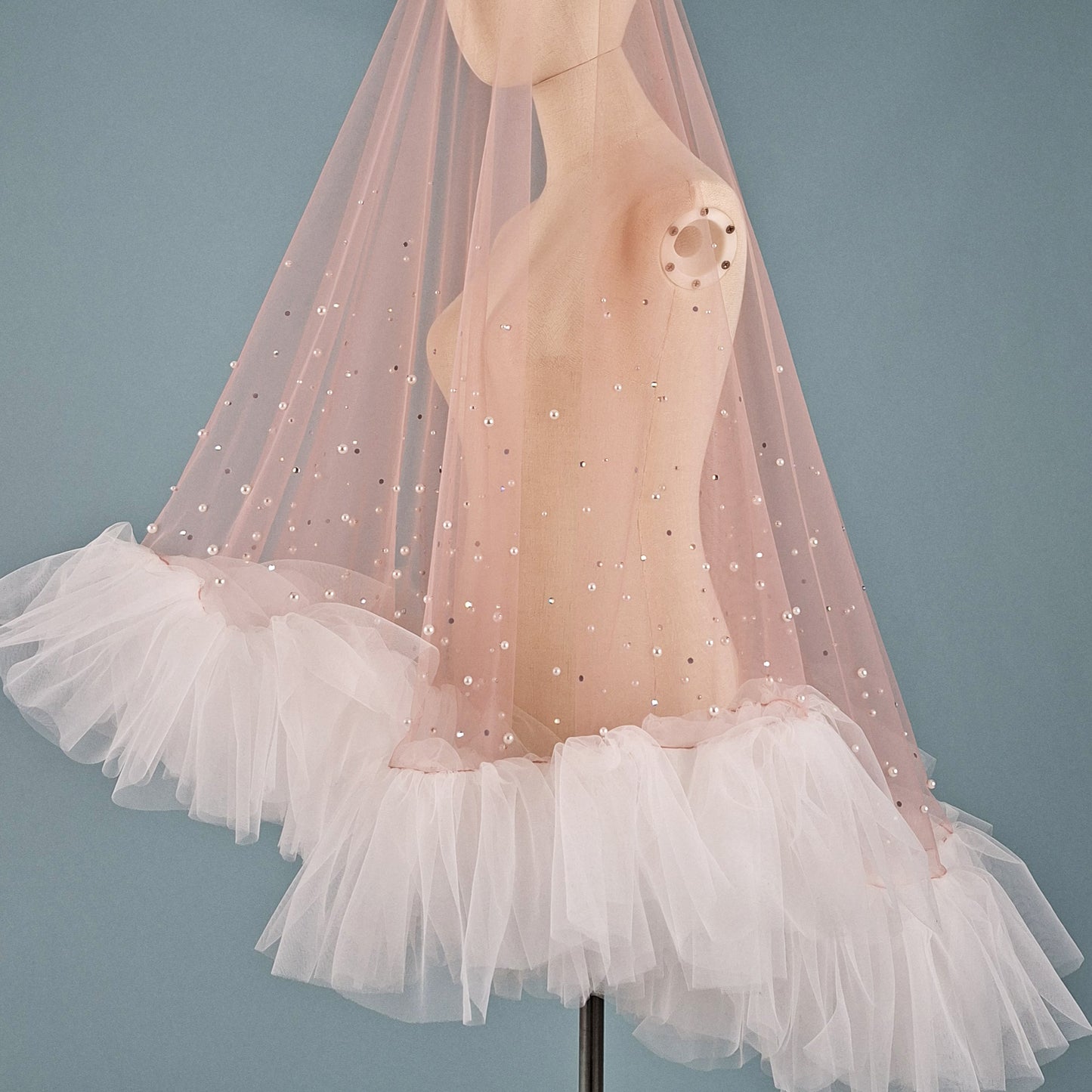 Blush Pink Ruffle Pearl and Rhinestone Veil