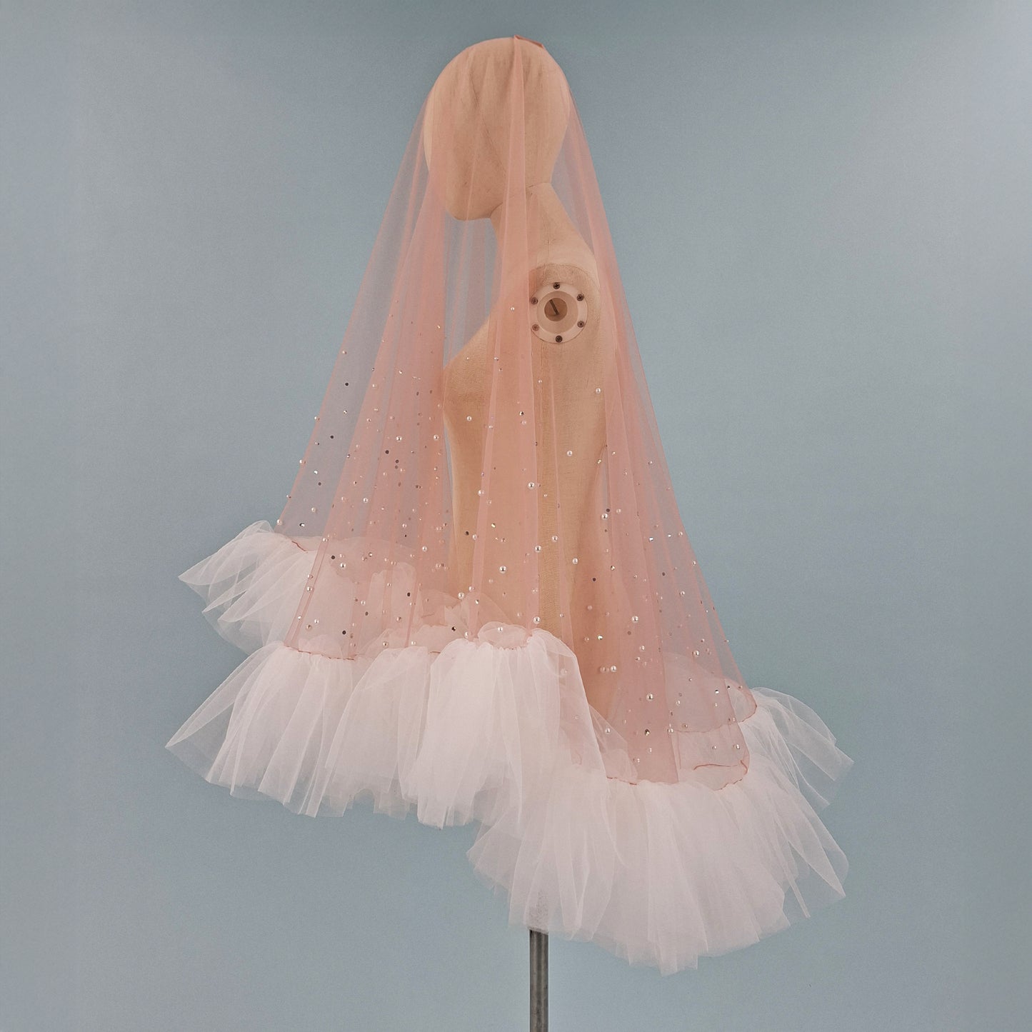 Blush Pink Ruffle Pearl and Rhinestone Veil