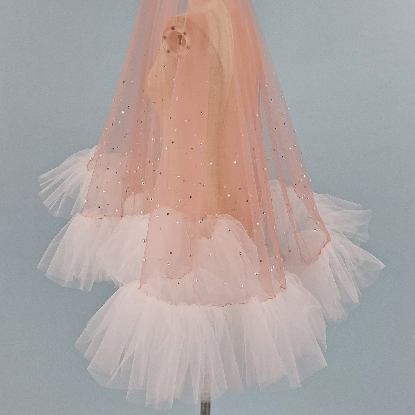 Blush Pink Ruffle Pearl and Rhinestone Veil