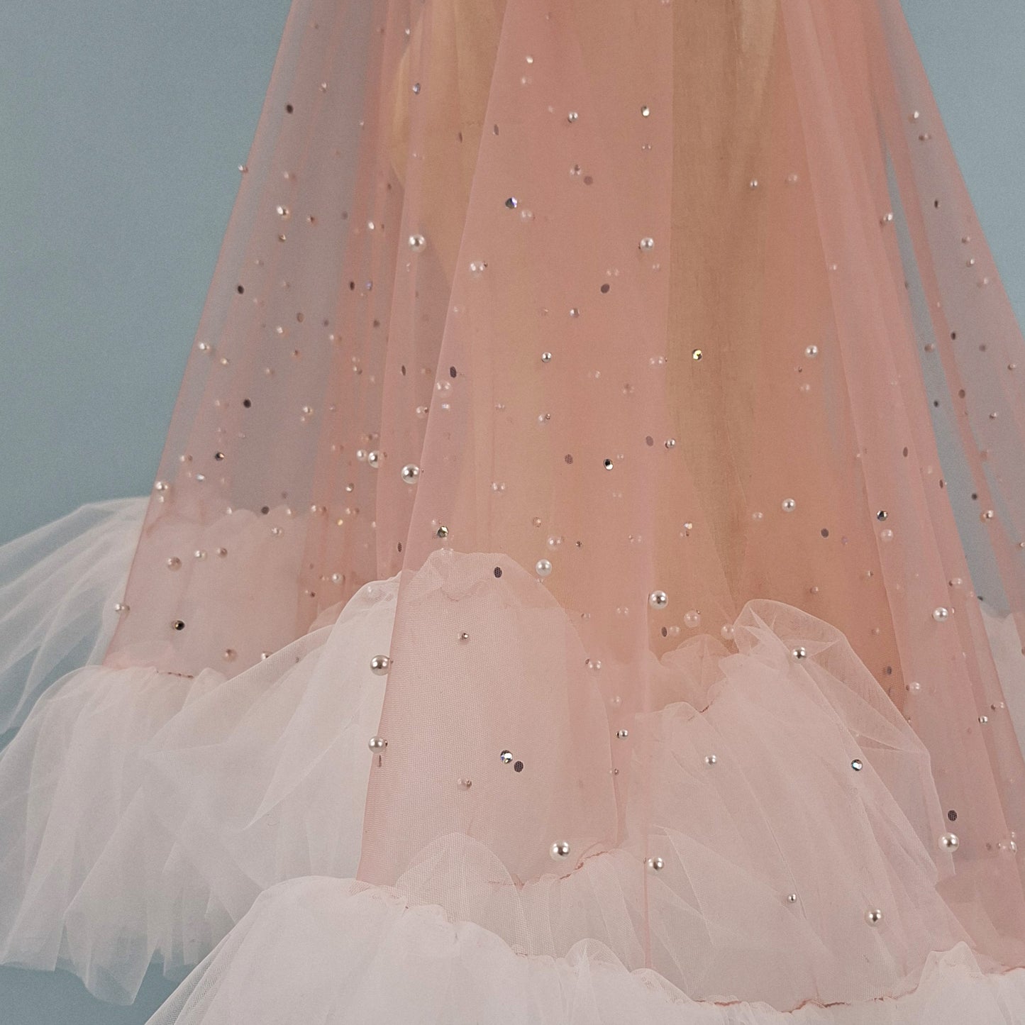 Blush Pink Ruffle Pearl and Rhinestone Veil