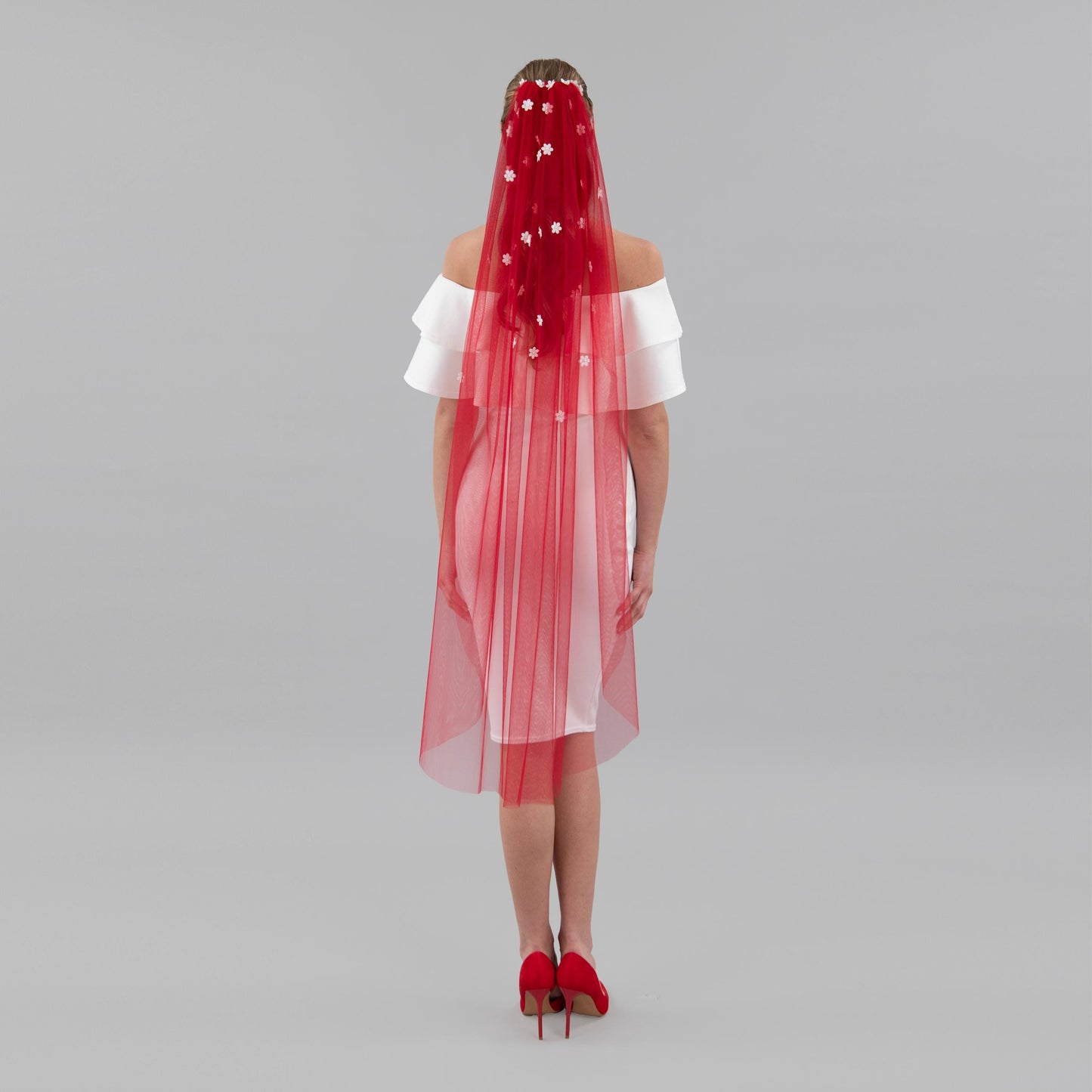 Rose Red Cascading 3D Flower Veil