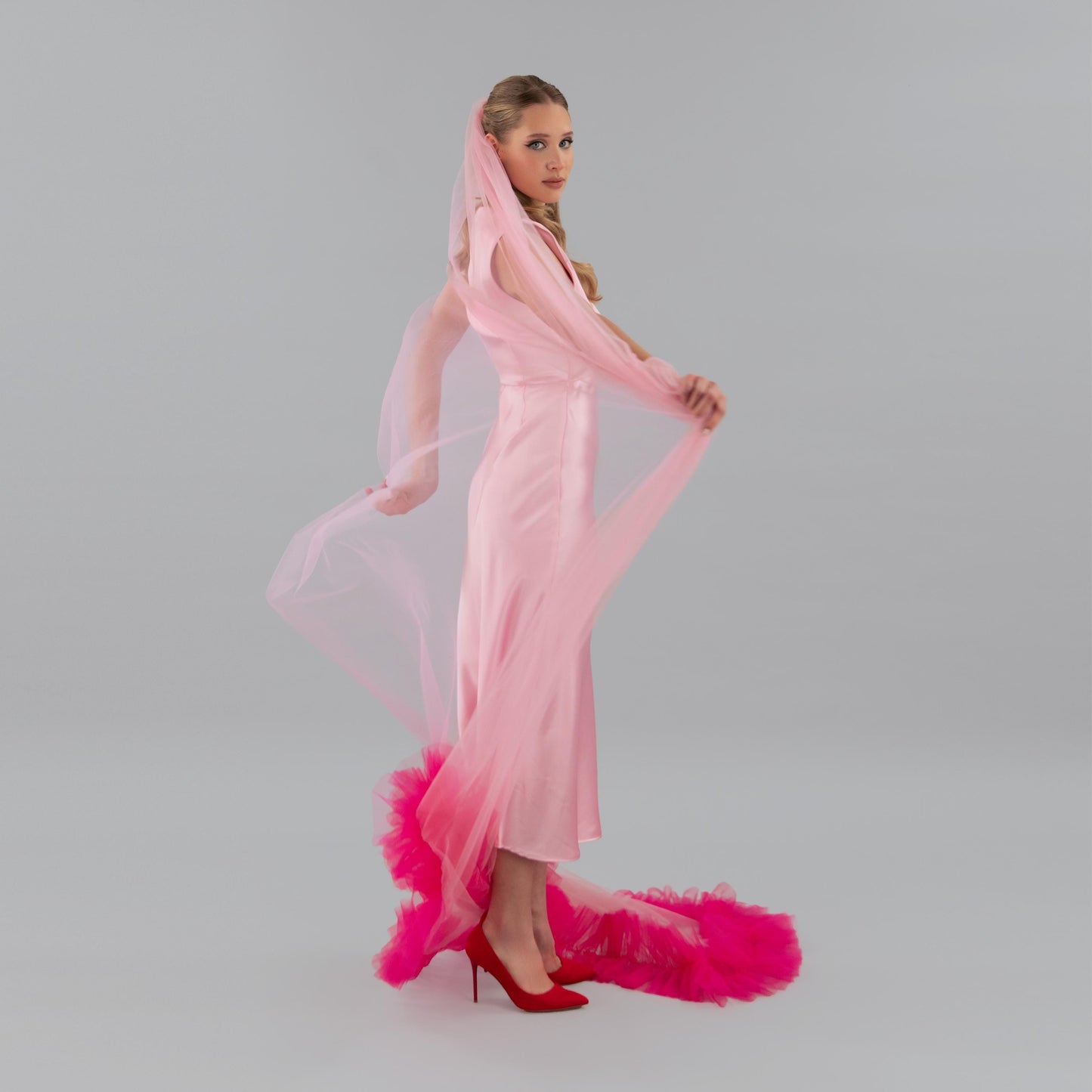 Rose Pink and Hot Pink Ruffle Heart Veil