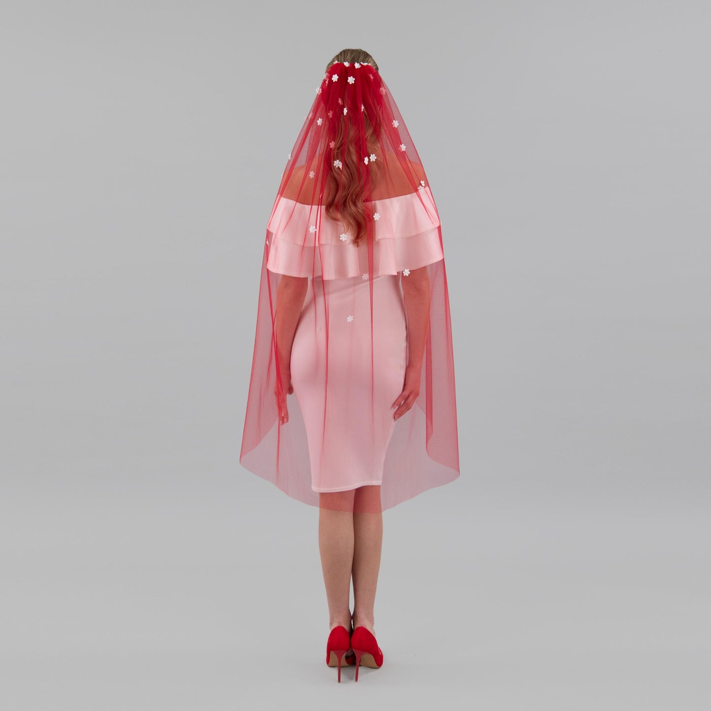 Rose Red Cascading 3D Flower Veil