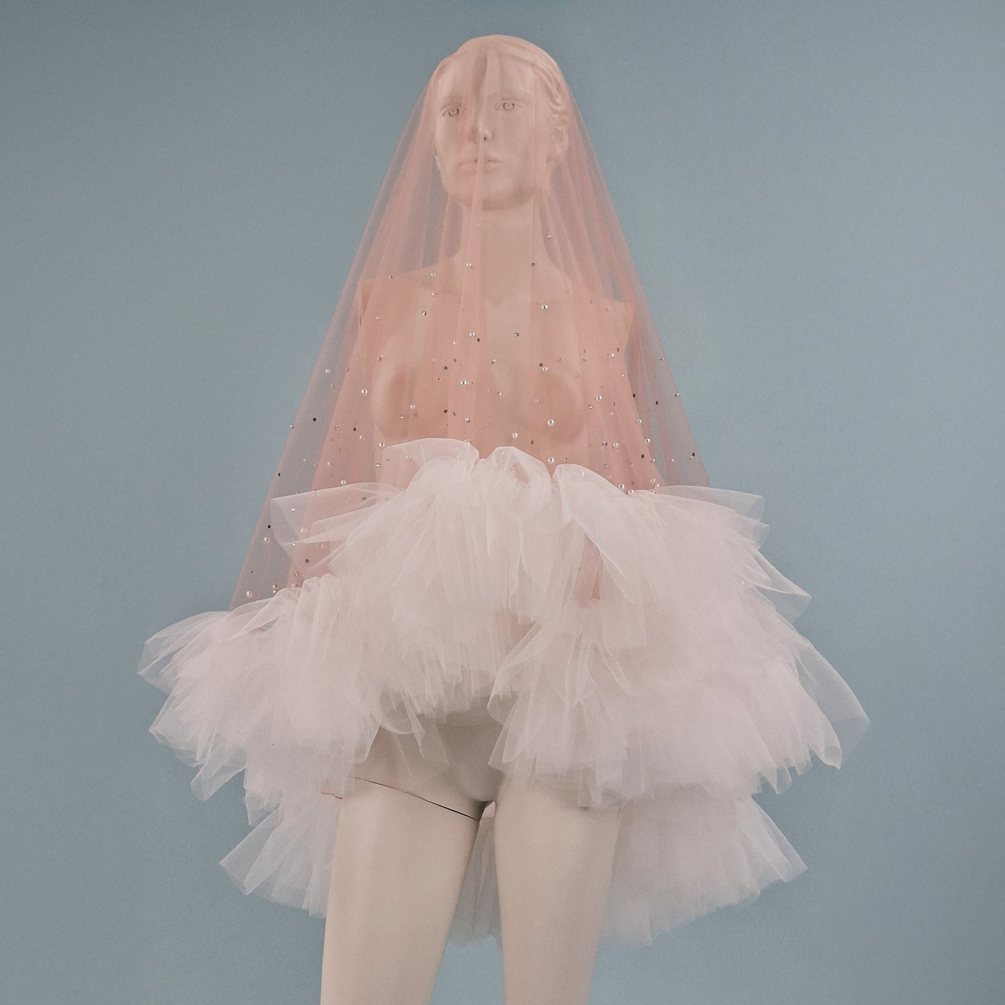 Blush Pink Ruffle Pearl and Rhinestone Veil