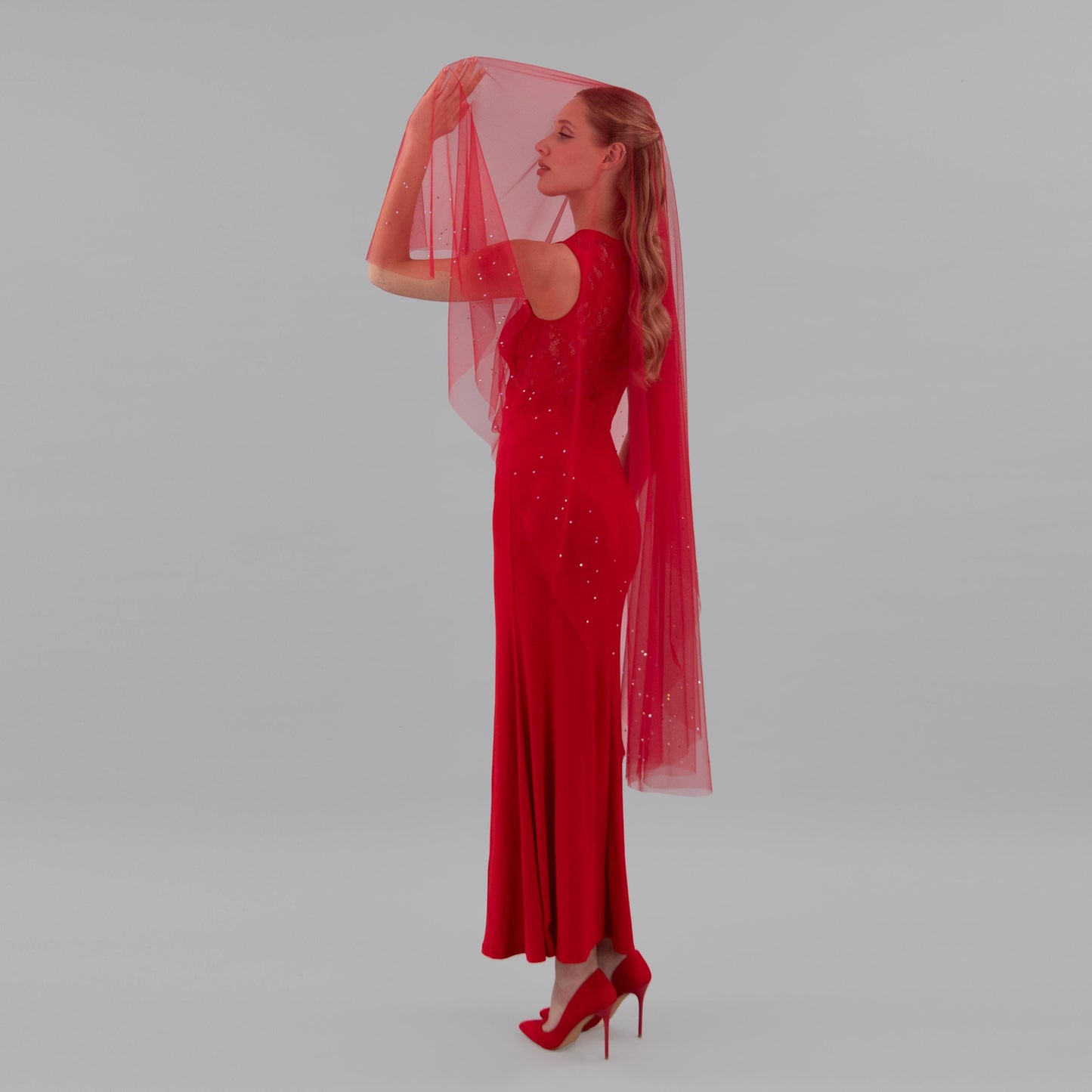 Rose Red Irridecent Rhinestone Edge Blusher Veil