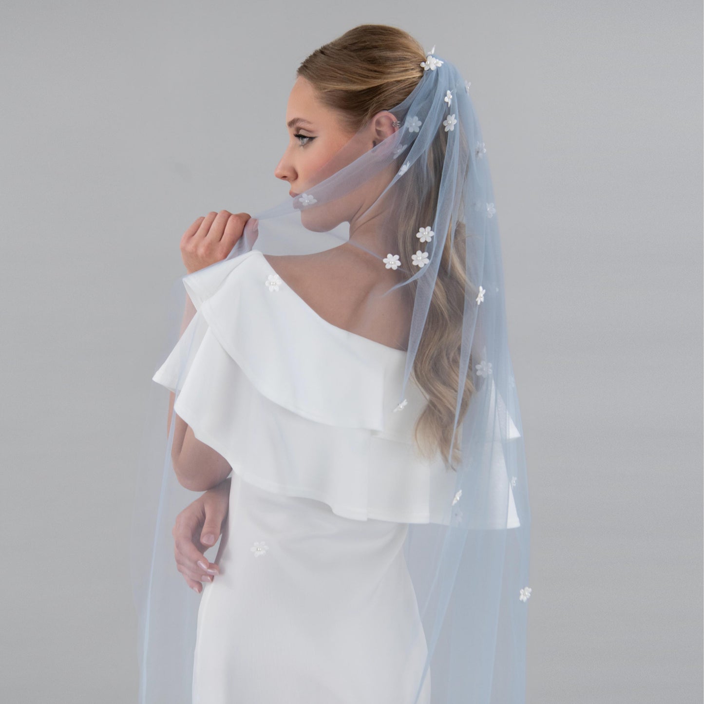 Dusty Blue Cascading 3D Flower Veil