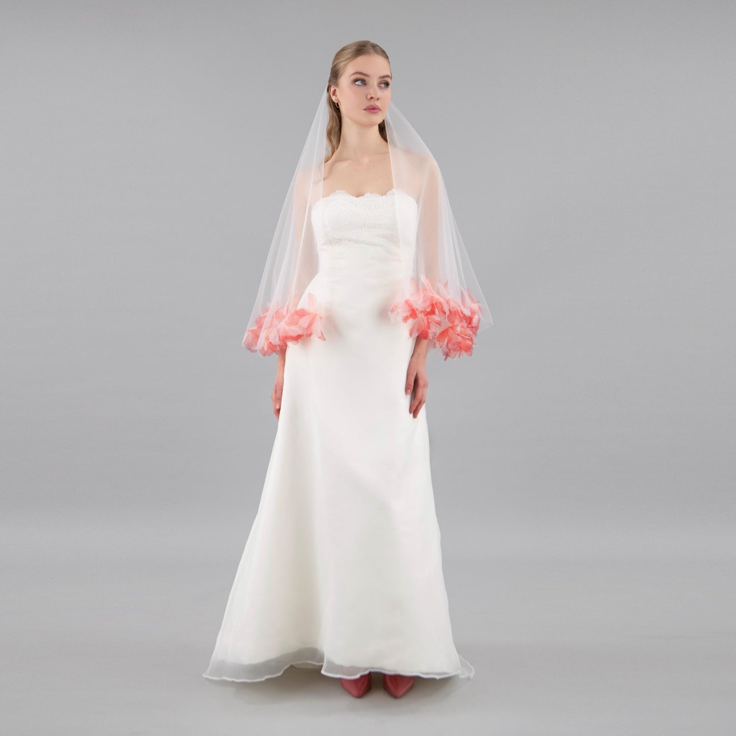 Ivory and Red Organza Fluff Flower Veil