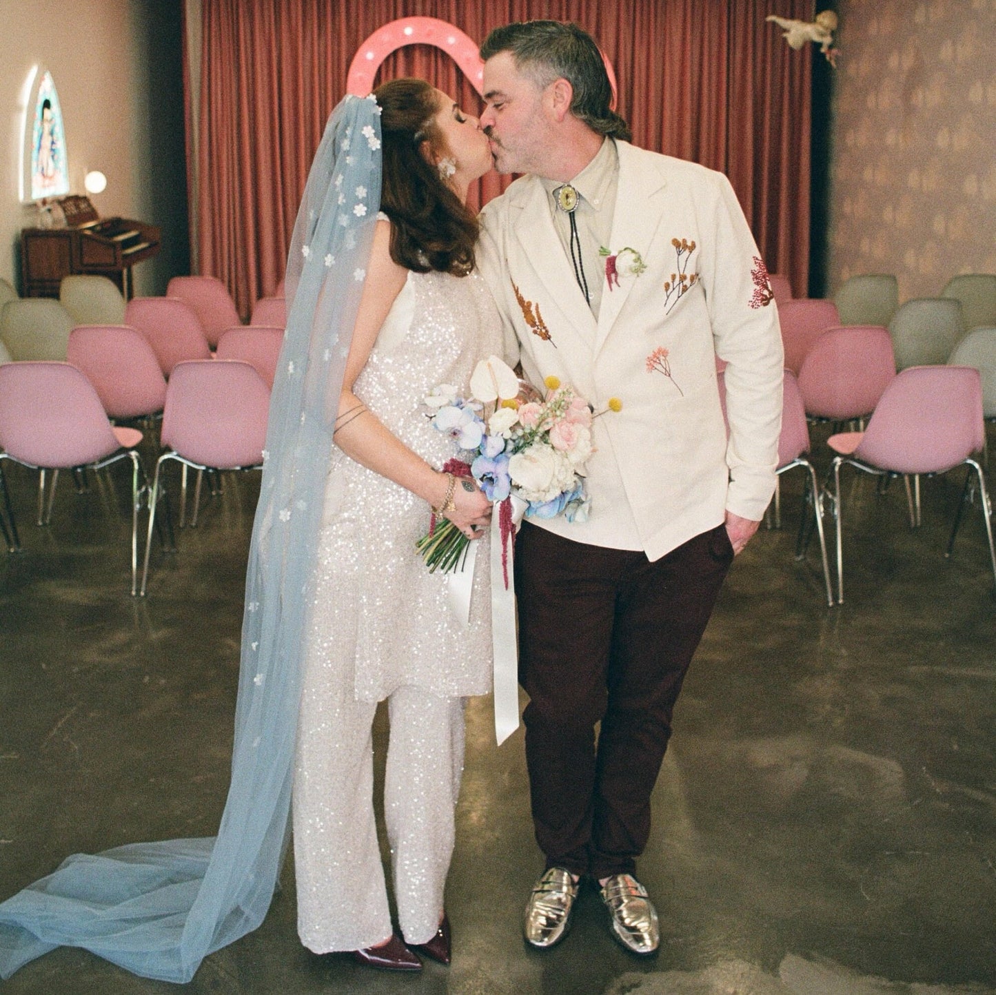 Dusty Blue Cascading 3D Flower Veil