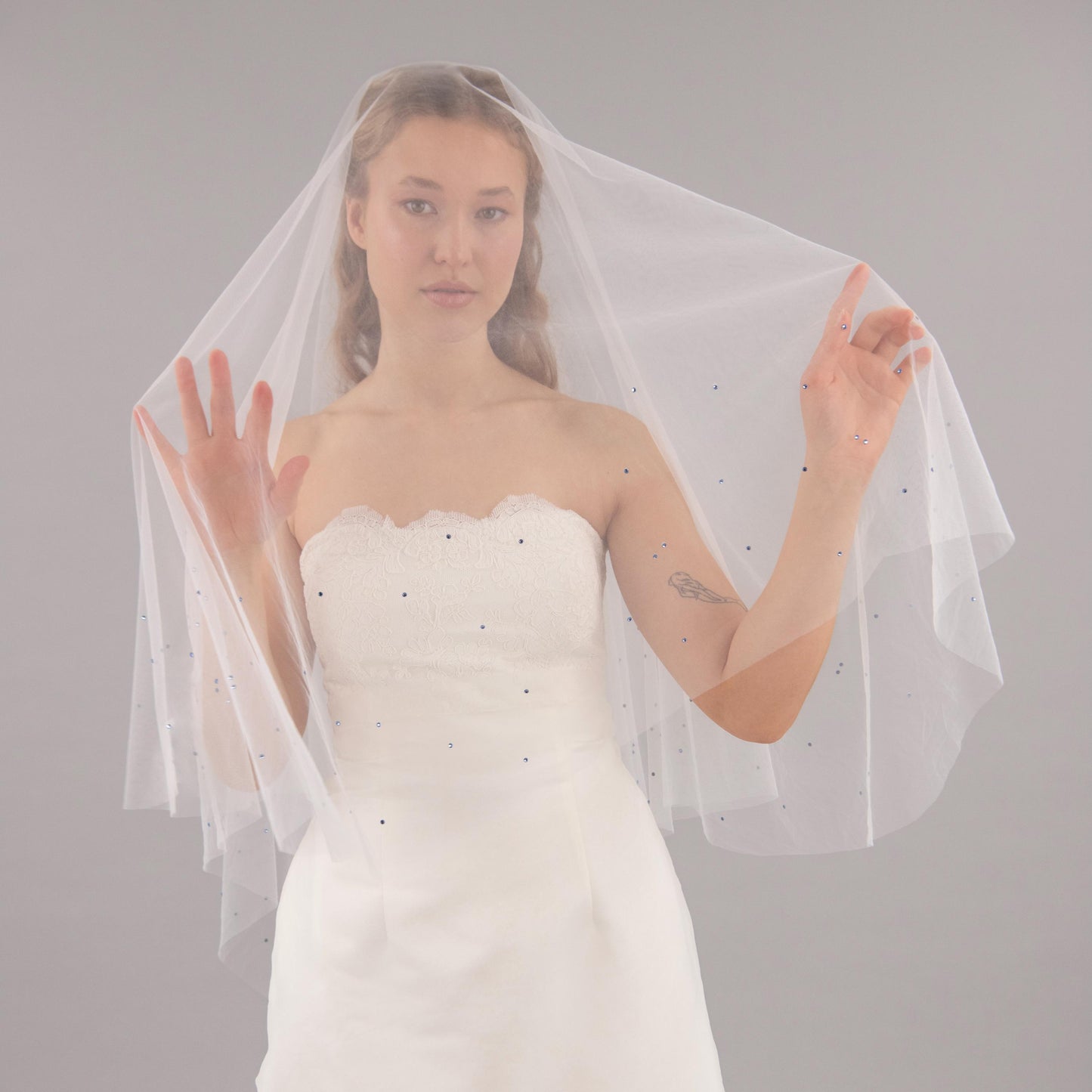 Ivory Blue Rhinestone Edge Blusher Veil