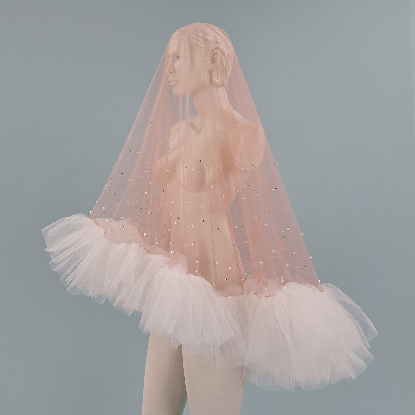 Blush Pink Ruffle Pearl and Rhinestone Veil