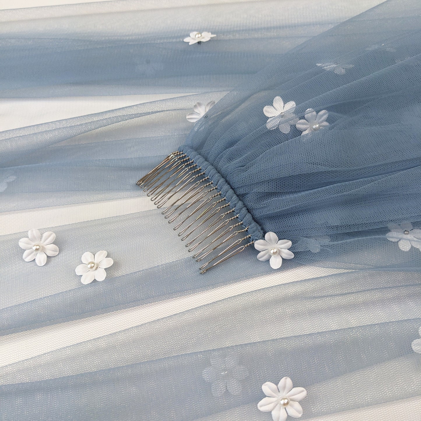 Dusty Blue Cascading 3D Flower Veil