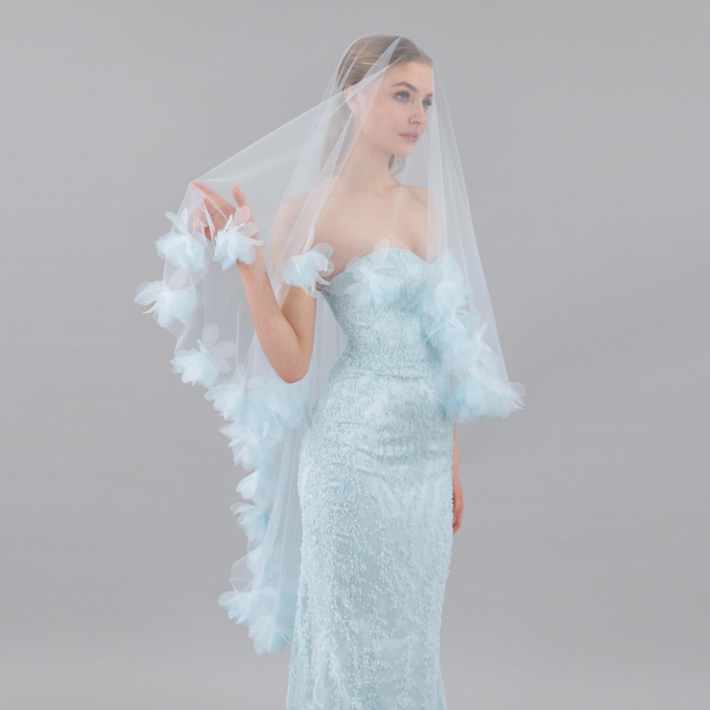 Baby Blue Organza Fluff Flower Veil