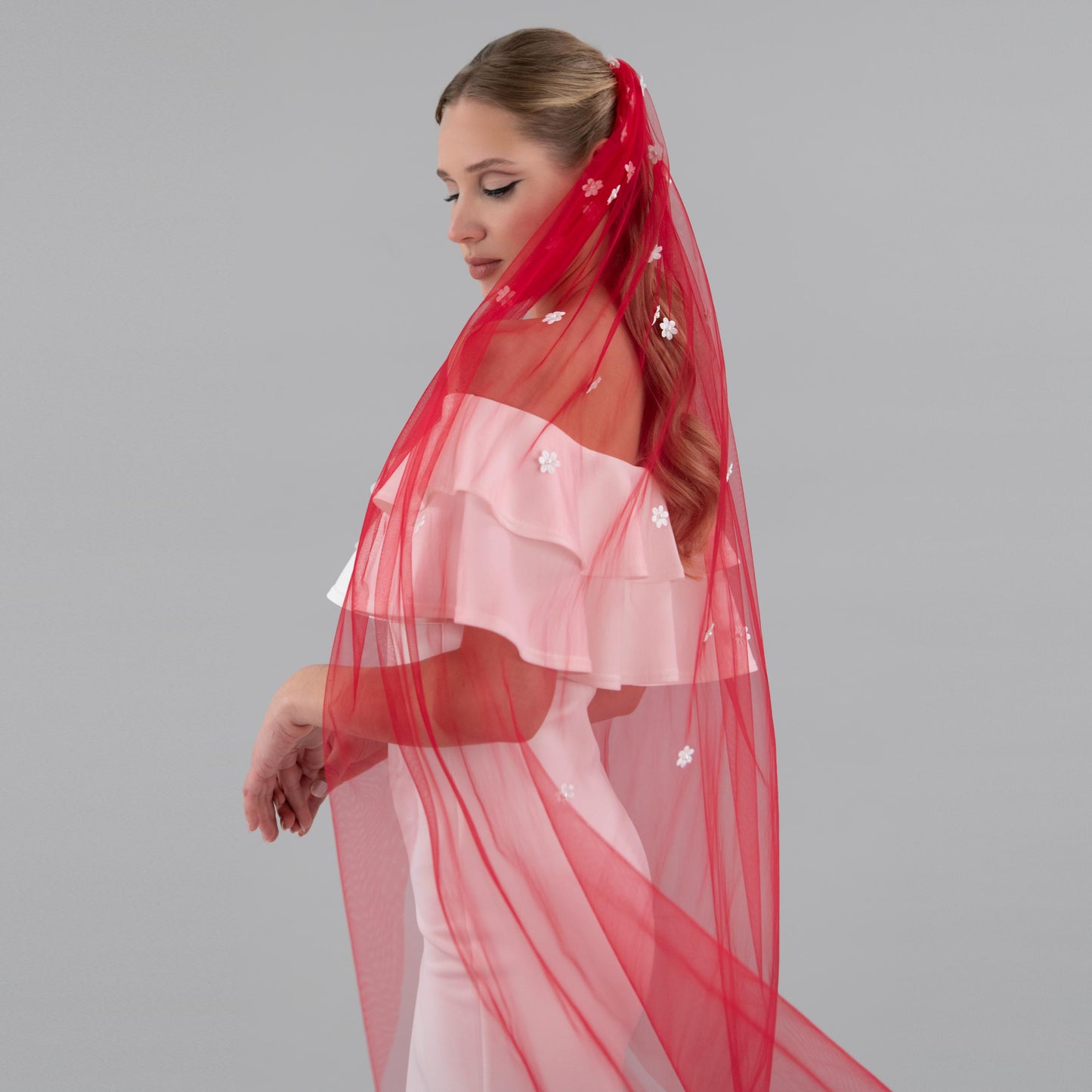 Rose Red Cascading 3D Flower Veil