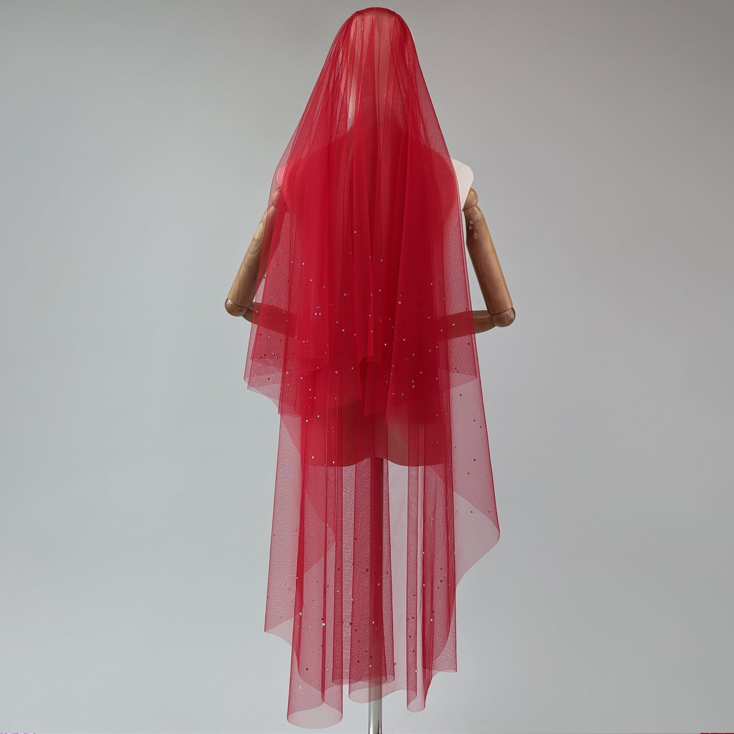 Rose Red Irridecent Rhinestone Edge Blusher Veil