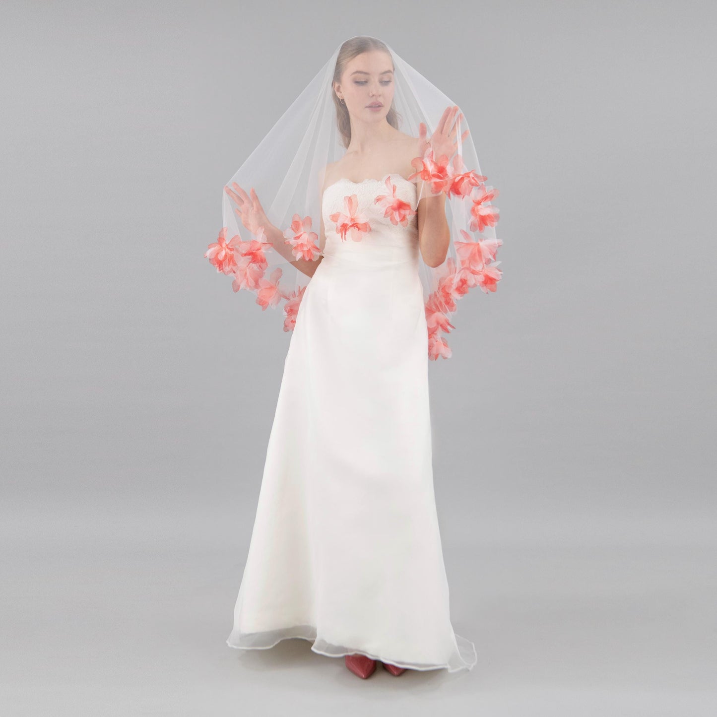 Ivory and Red Organza Fluff Flower Veil