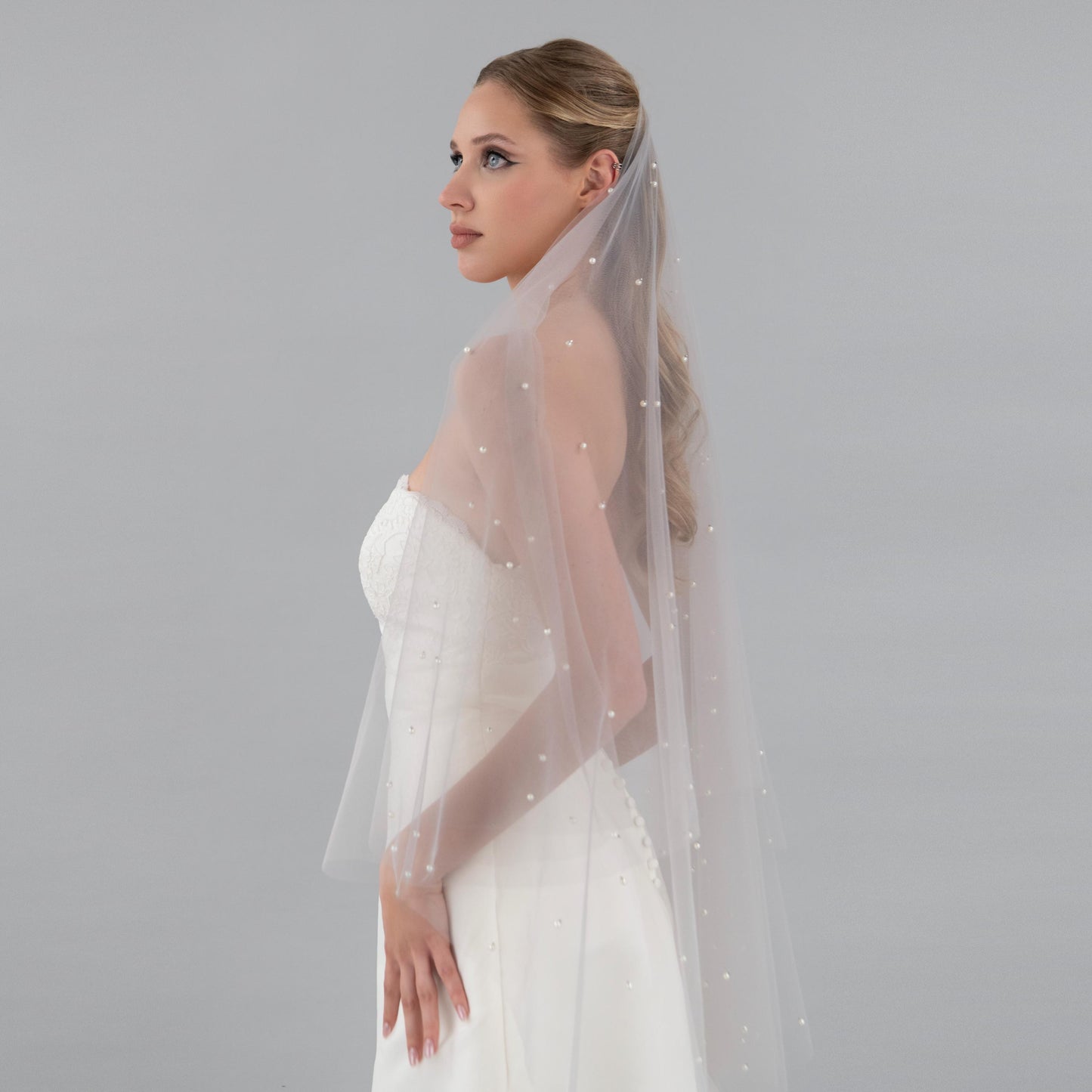 Stone Gray Pearl Blusher Veil