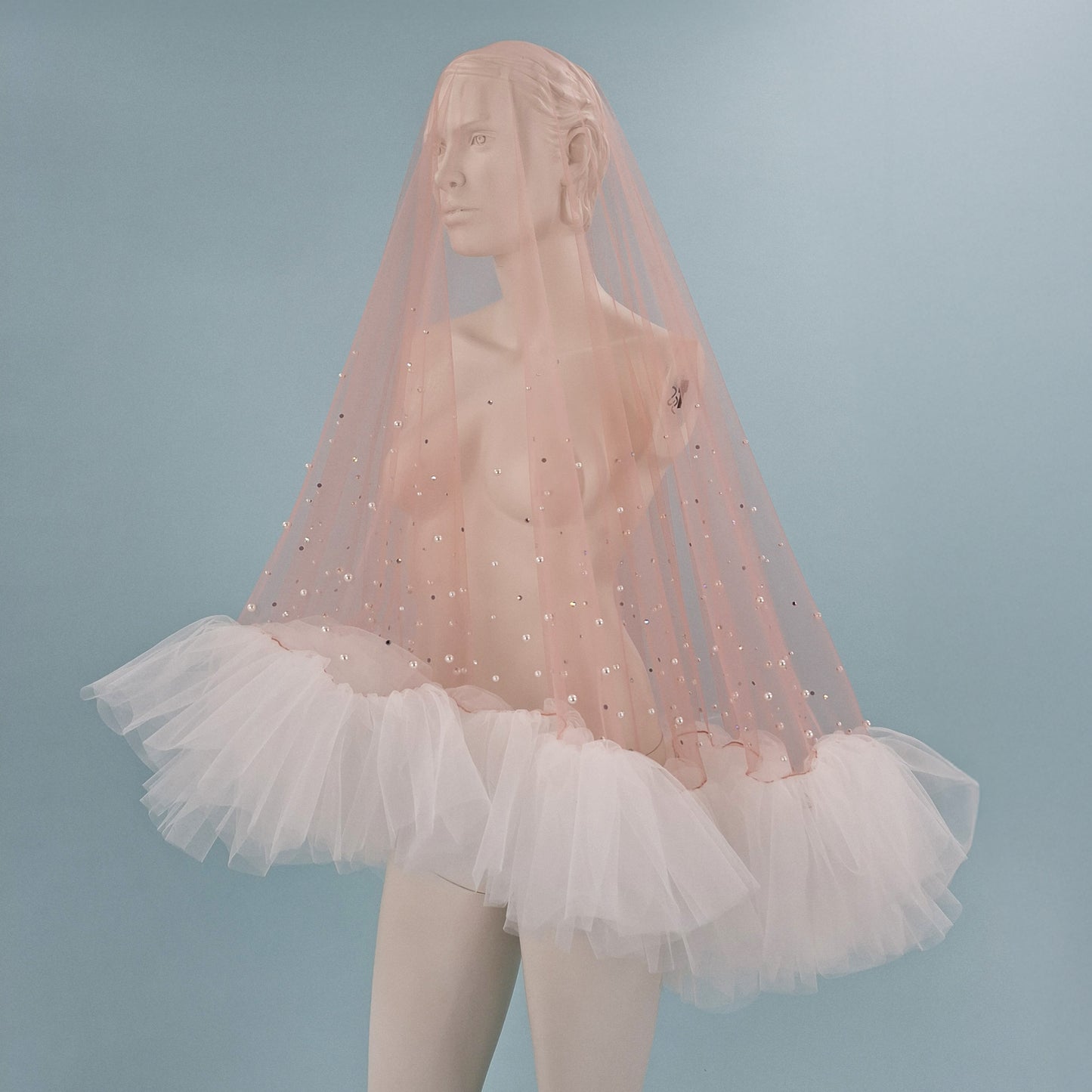 Blush Pink Ruffle Pearl and Rhinestone Veil