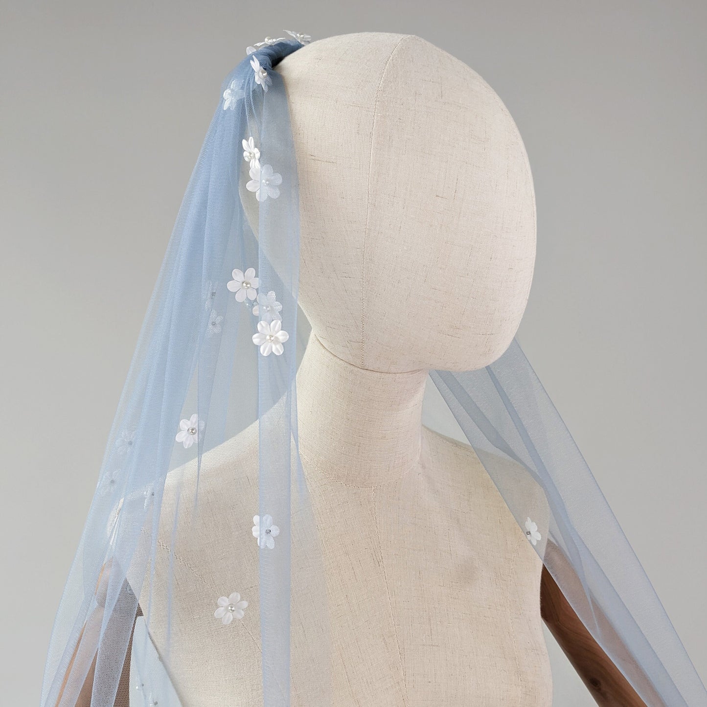 Dusty Blue Cascading 3D Flower Veil