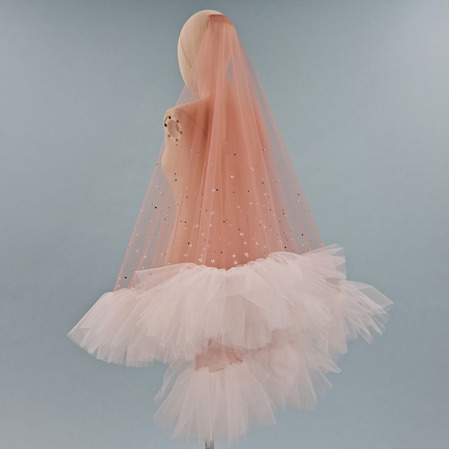 Blush Pink Ruffle Pearl and Rhinestone Veil