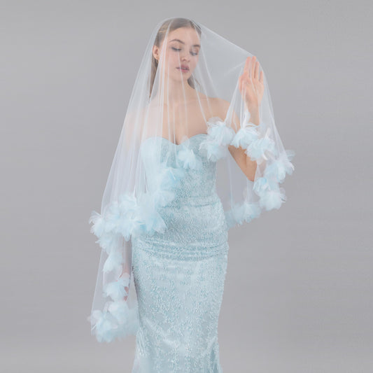 Baby Blue Organza Fluff Flower Veil