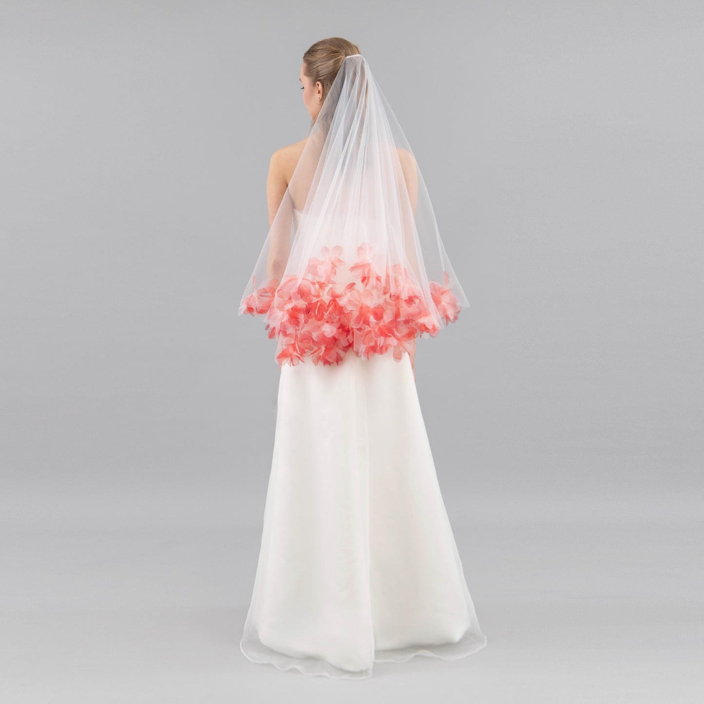 Ivory and Red Organza Fluff Flower Veil