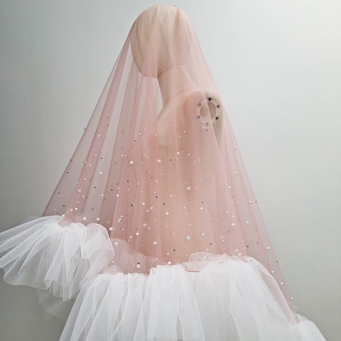 Blush Pink Ruffle Pearl and Rhinestone Veil