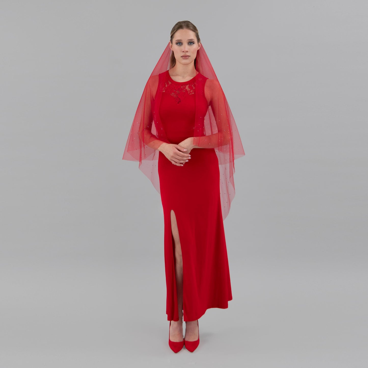 Rose Red Irridecent Rhinestone Edge Blusher Veil