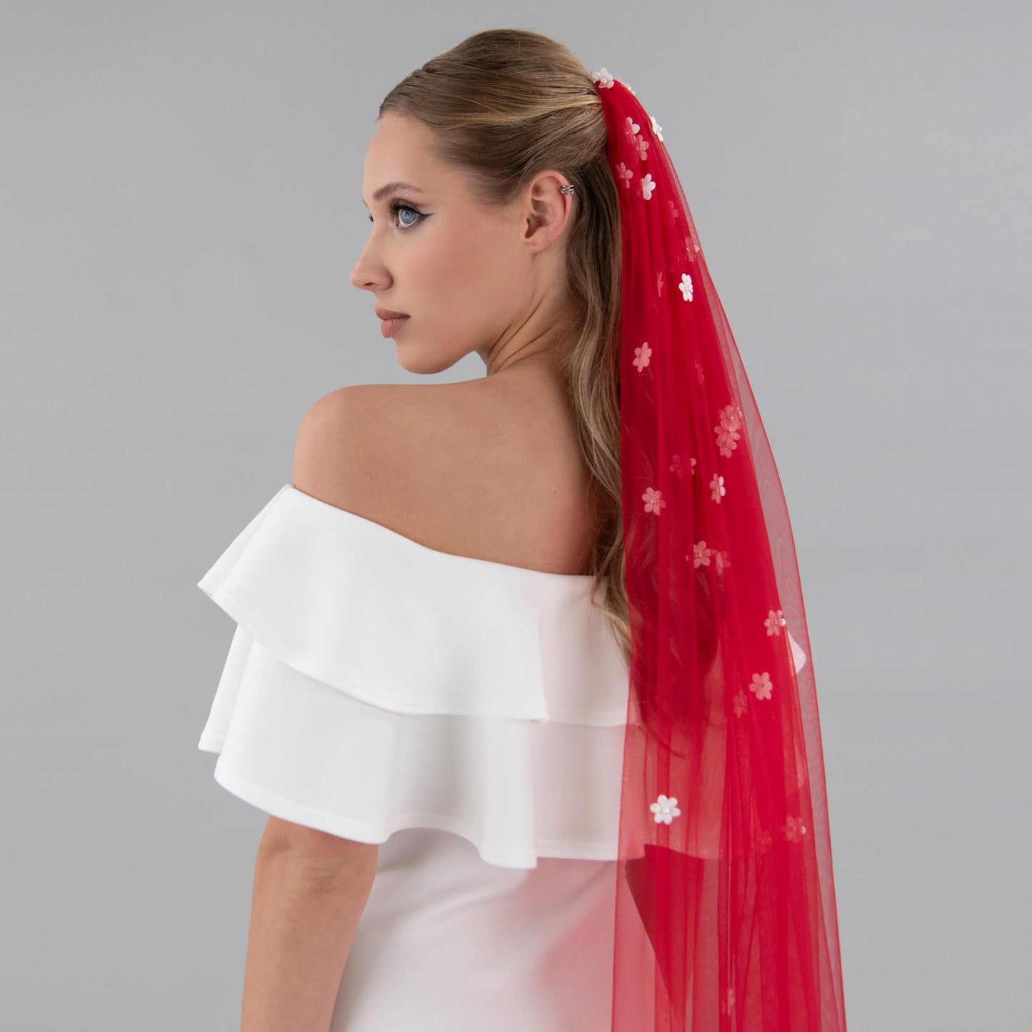Rose Red Cascading 3D Flower Veil