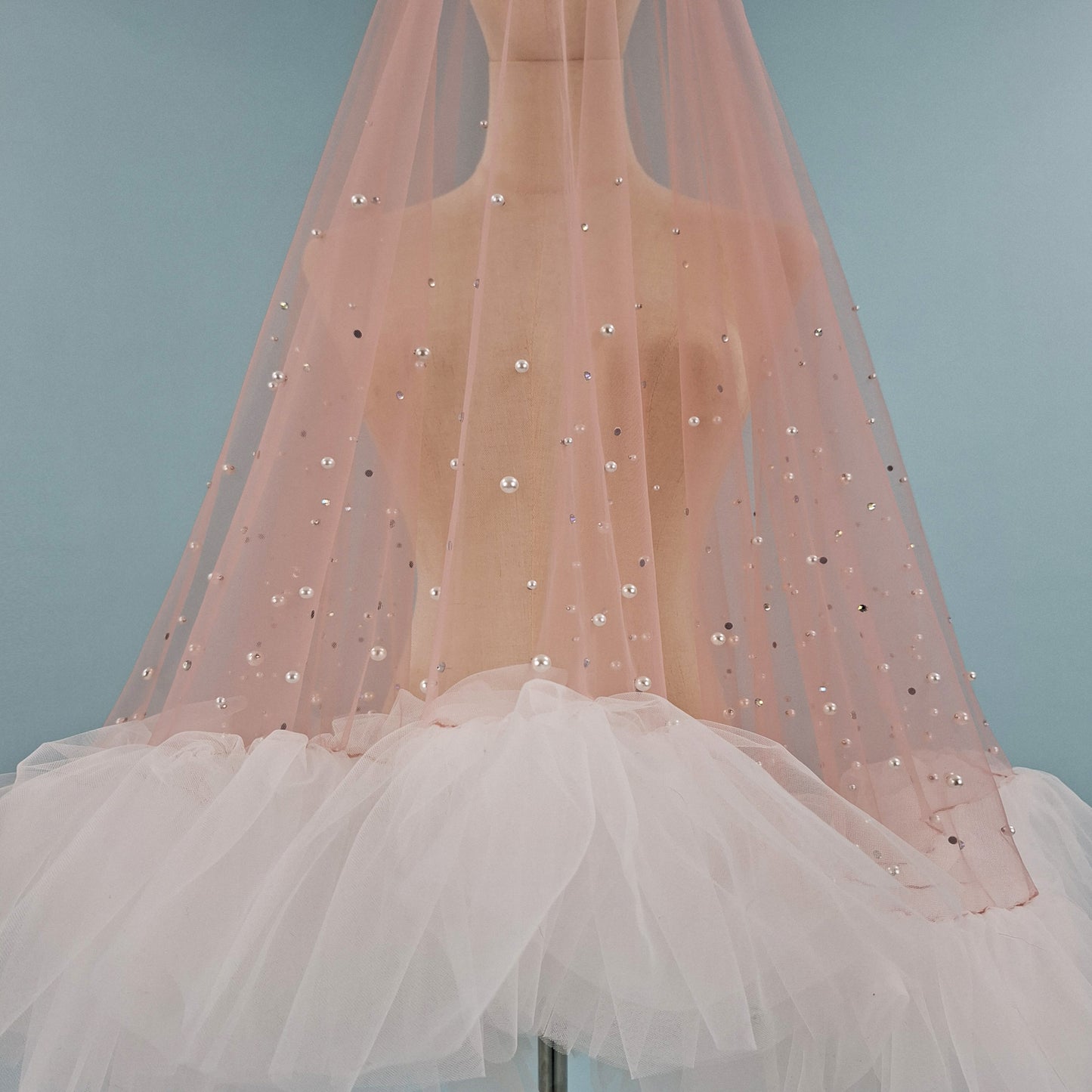 Blush Pink Ruffle Pearl and Rhinestone Veil