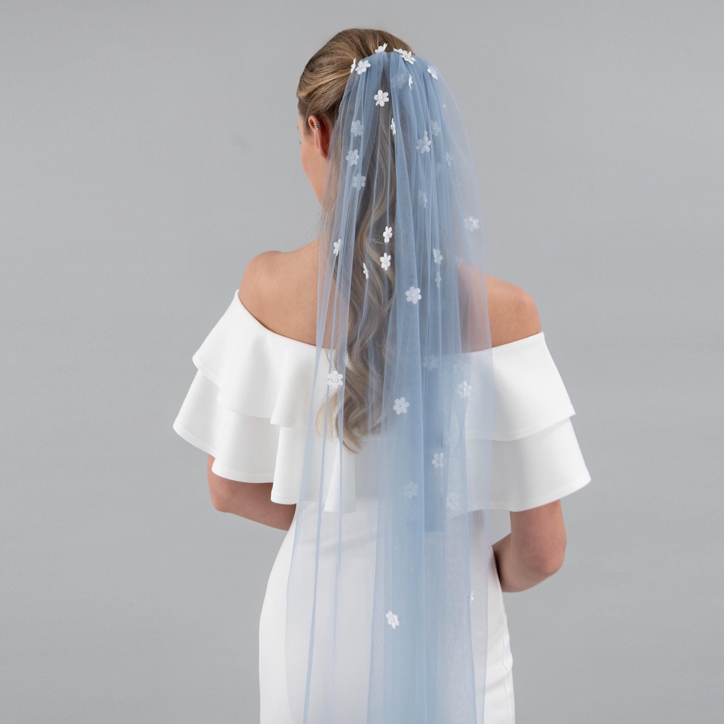 Dusty Blue Cascading 3D Flower Veil
