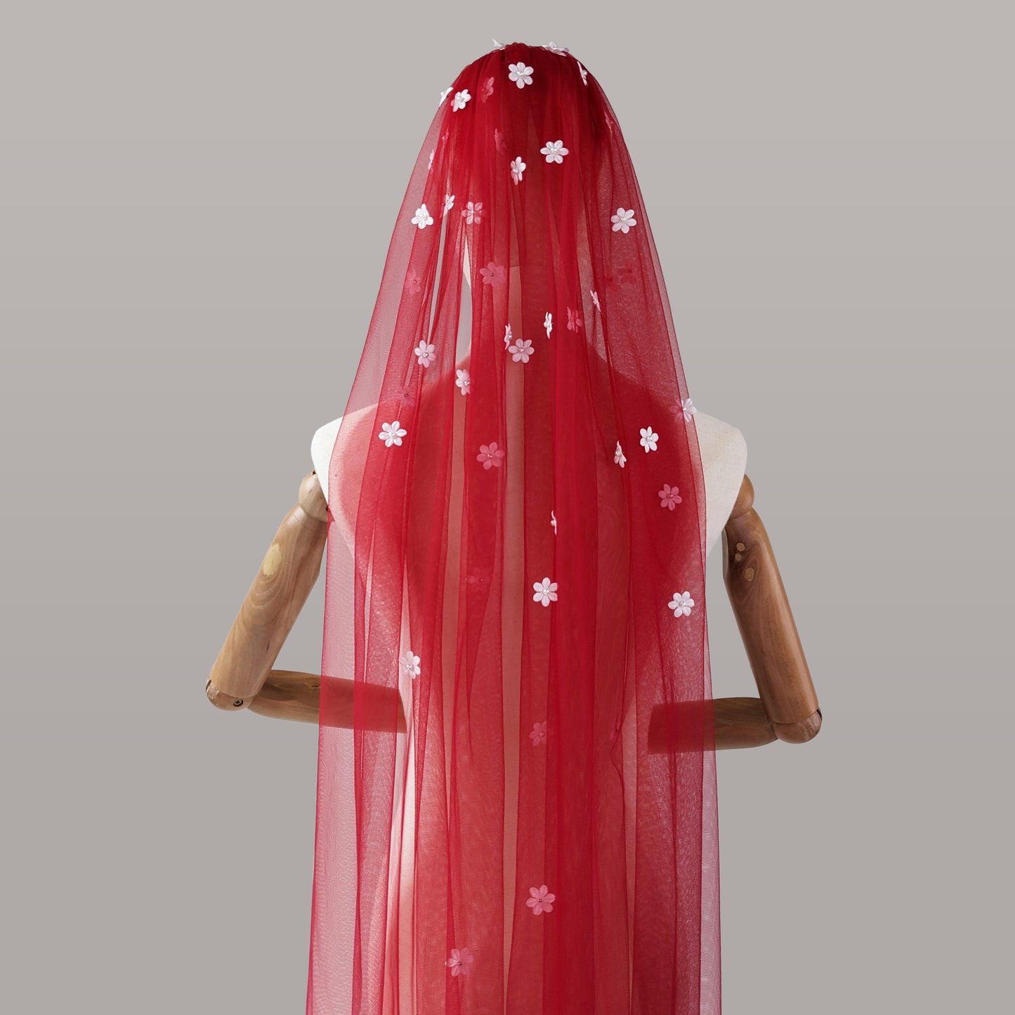 Rose Red Cascading 3D Flower Veil