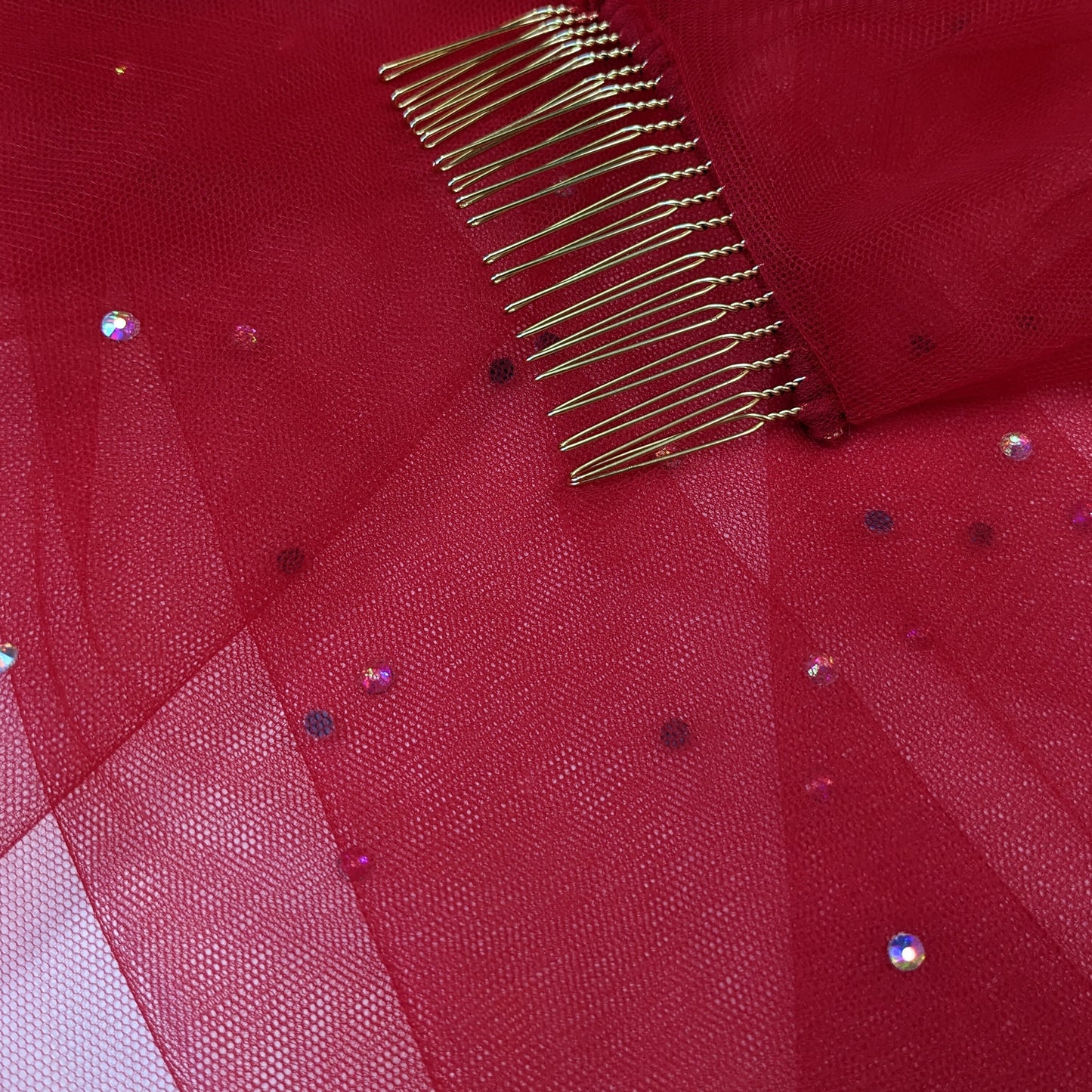 Rose Red Irridecent Rhinestone Edge Blusher Veil