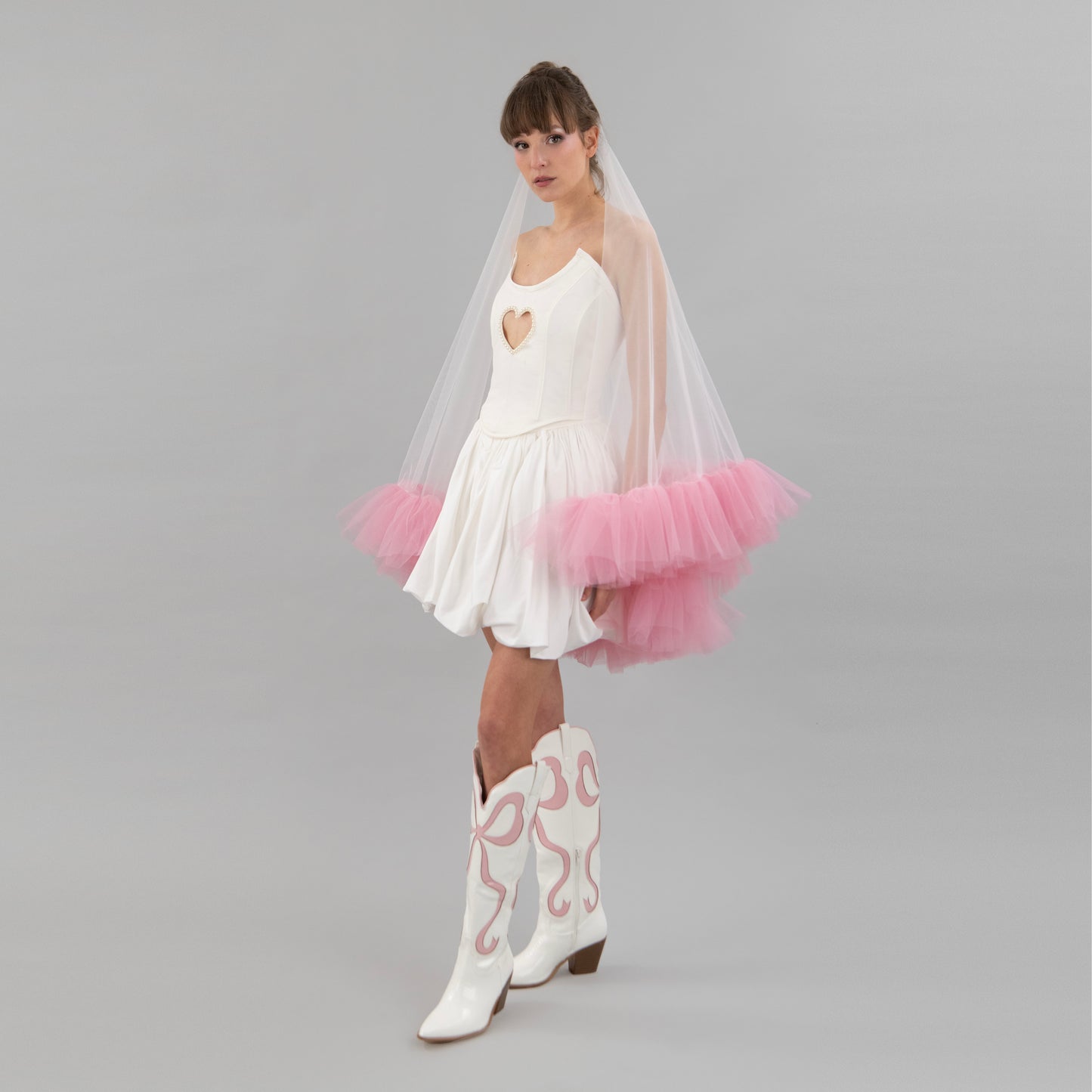 Ivory and Rose Pink Ruffle Veil