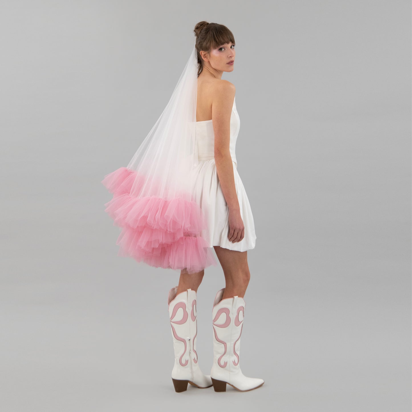 Ivory and Rose Pink Ruffle Veil