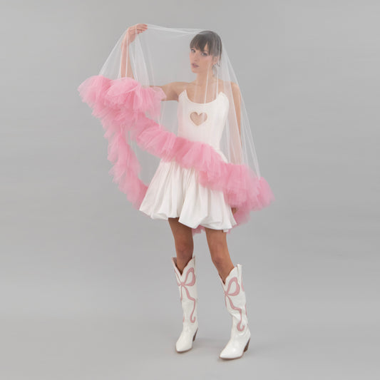 Ivory and Rose Pink Ruffle Veil