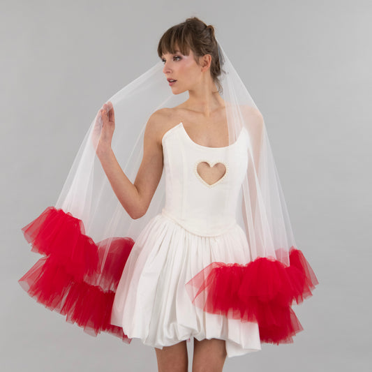 Ivory and Red Ruffle Veil