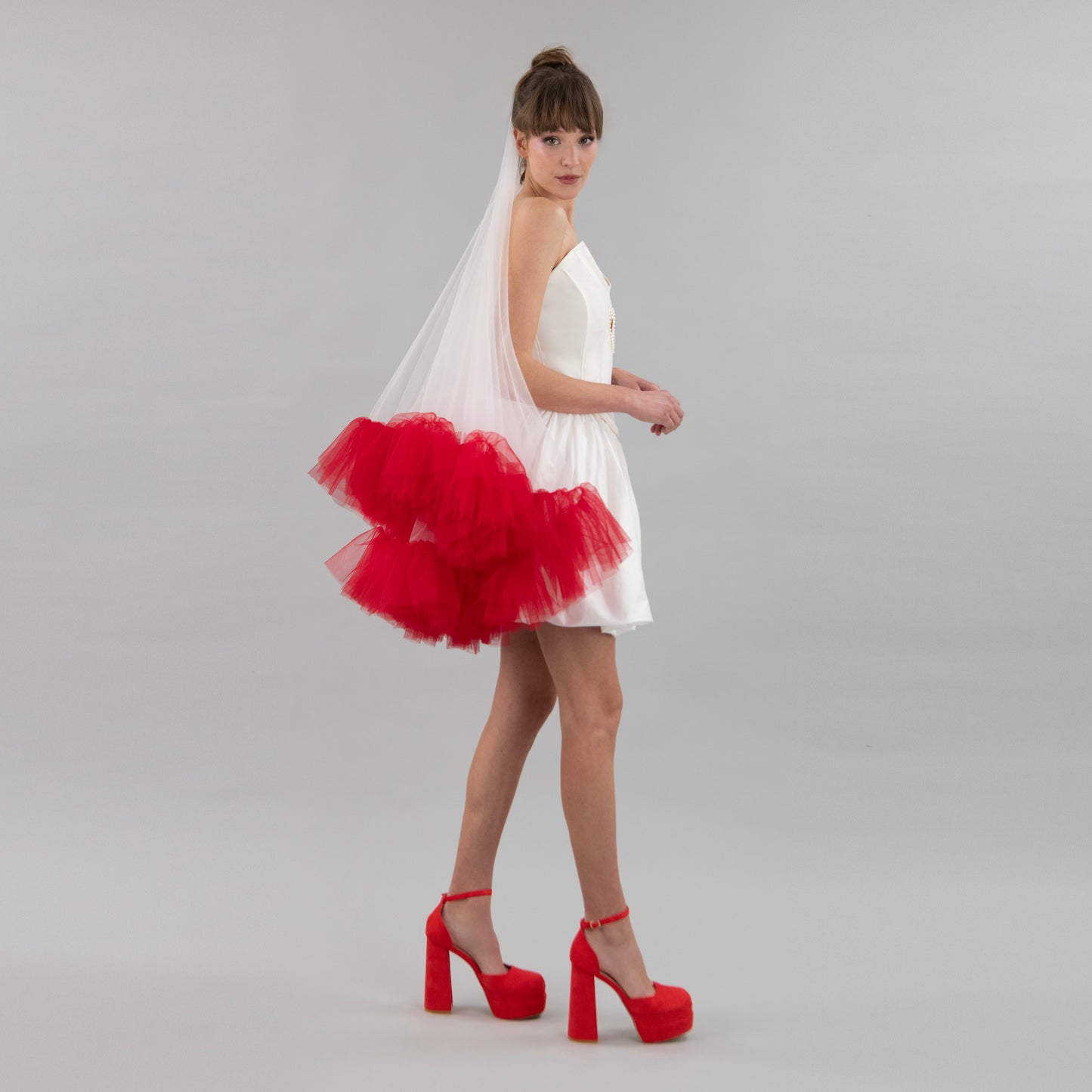 Ivory and Red Ruffle Veil