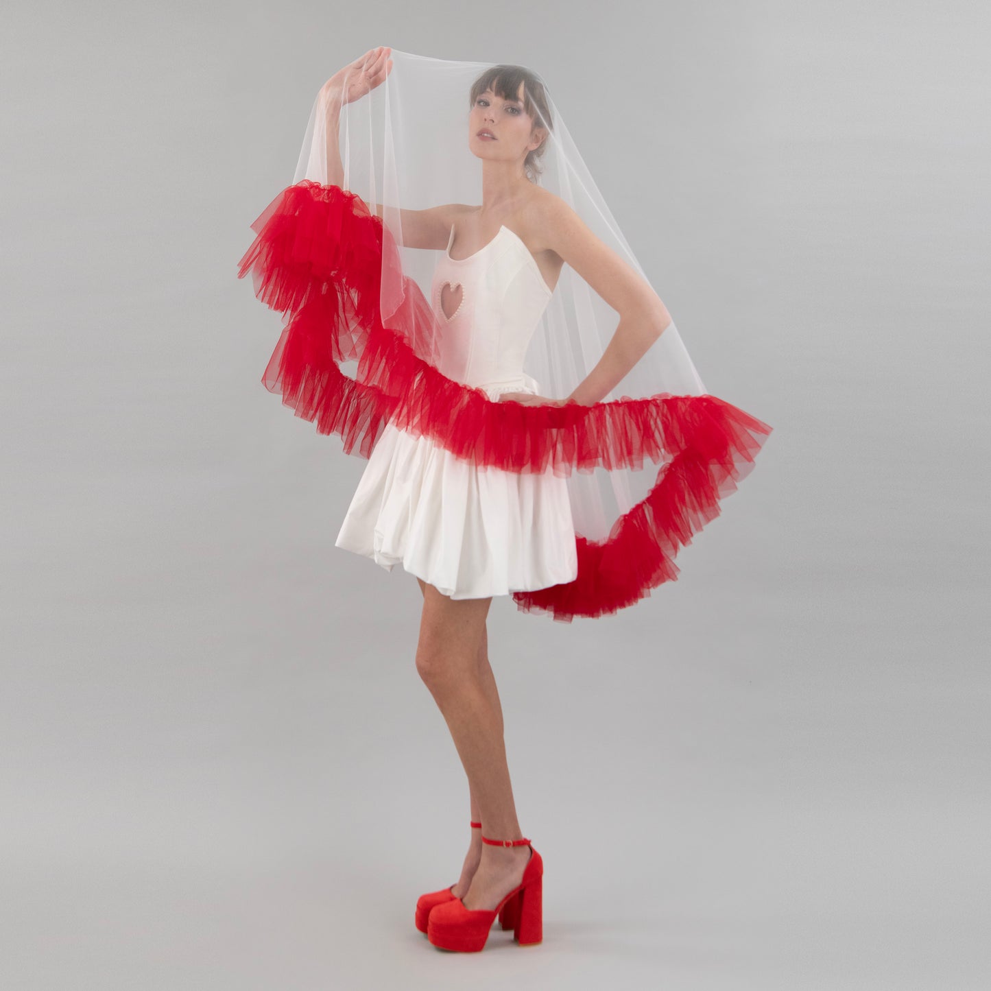 Ivory and Red Ruffle Veil