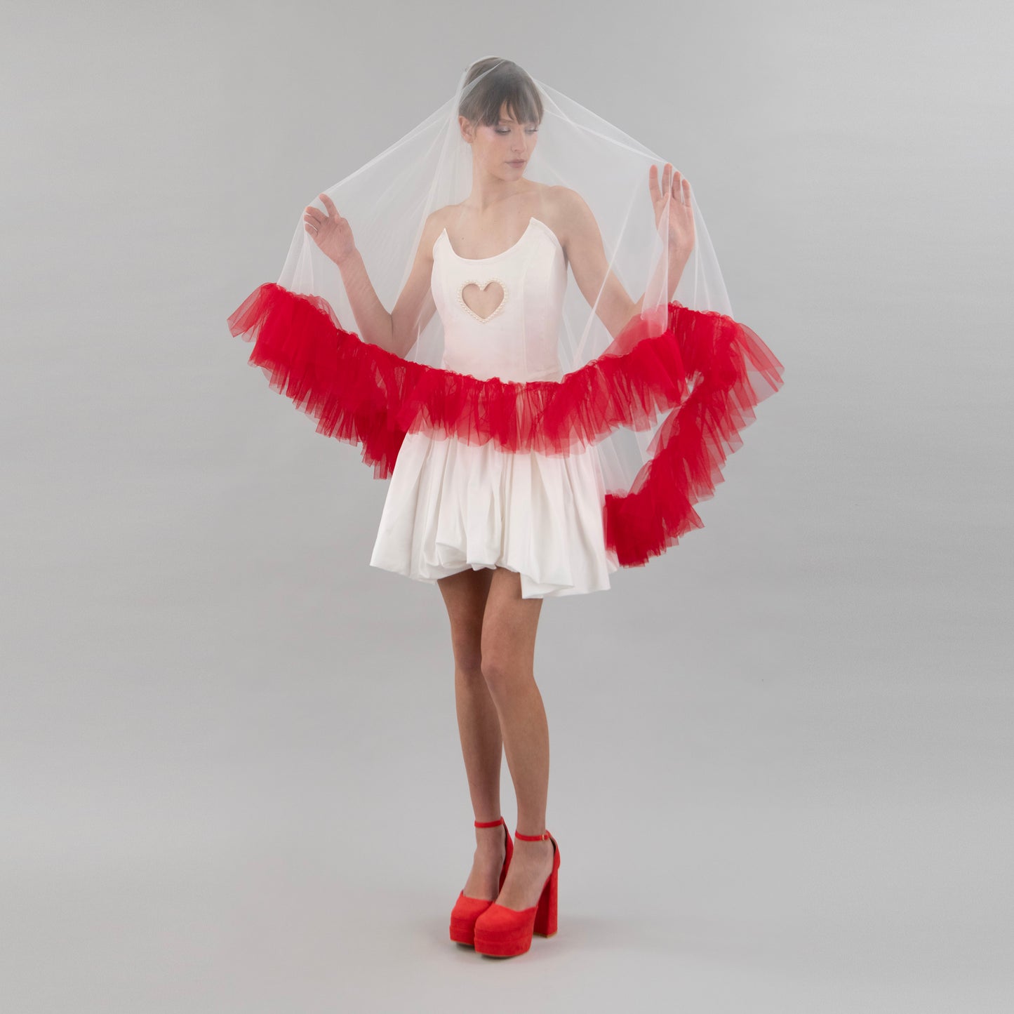 Ivory and Red Ruffle Veil