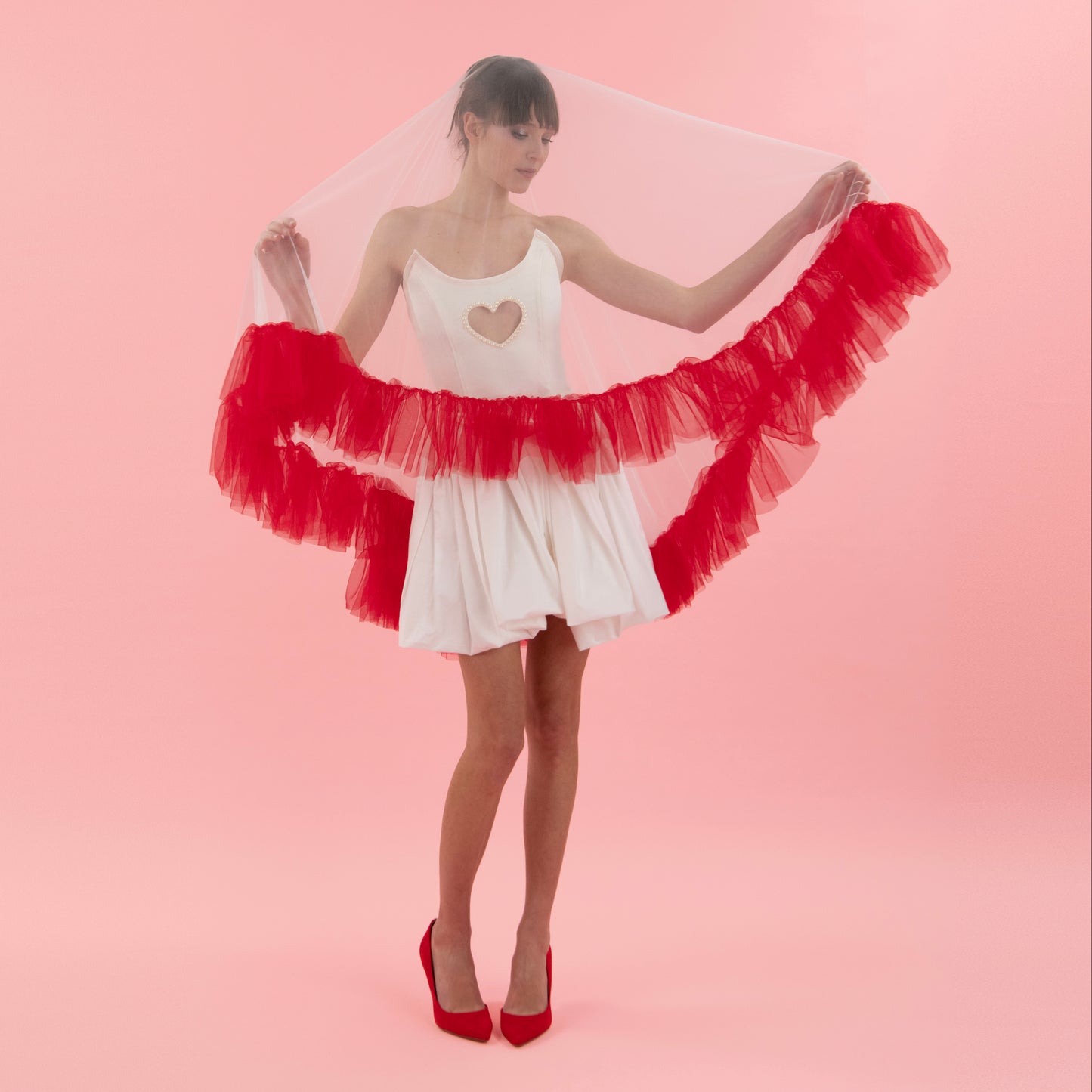 Ivory and Red Ruffle Veil