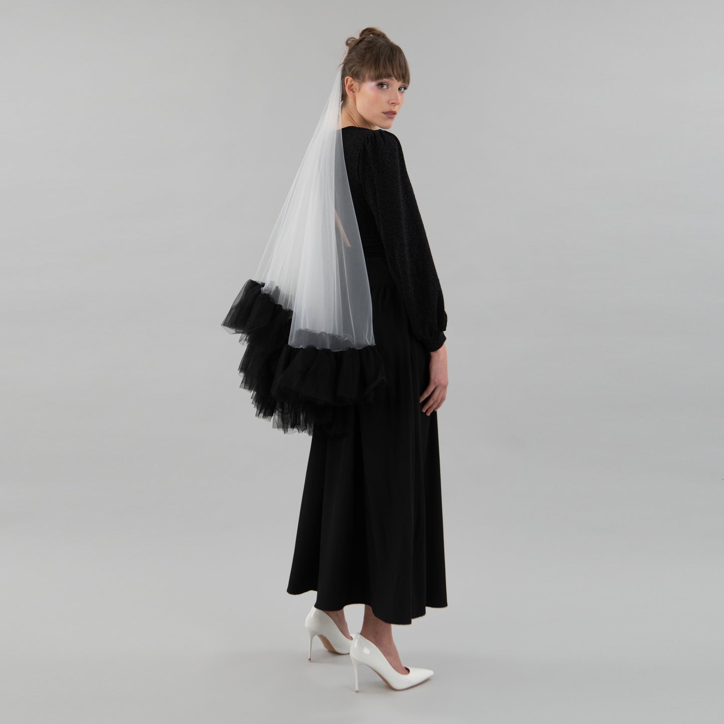 Ivory and Black Ruffle Veil